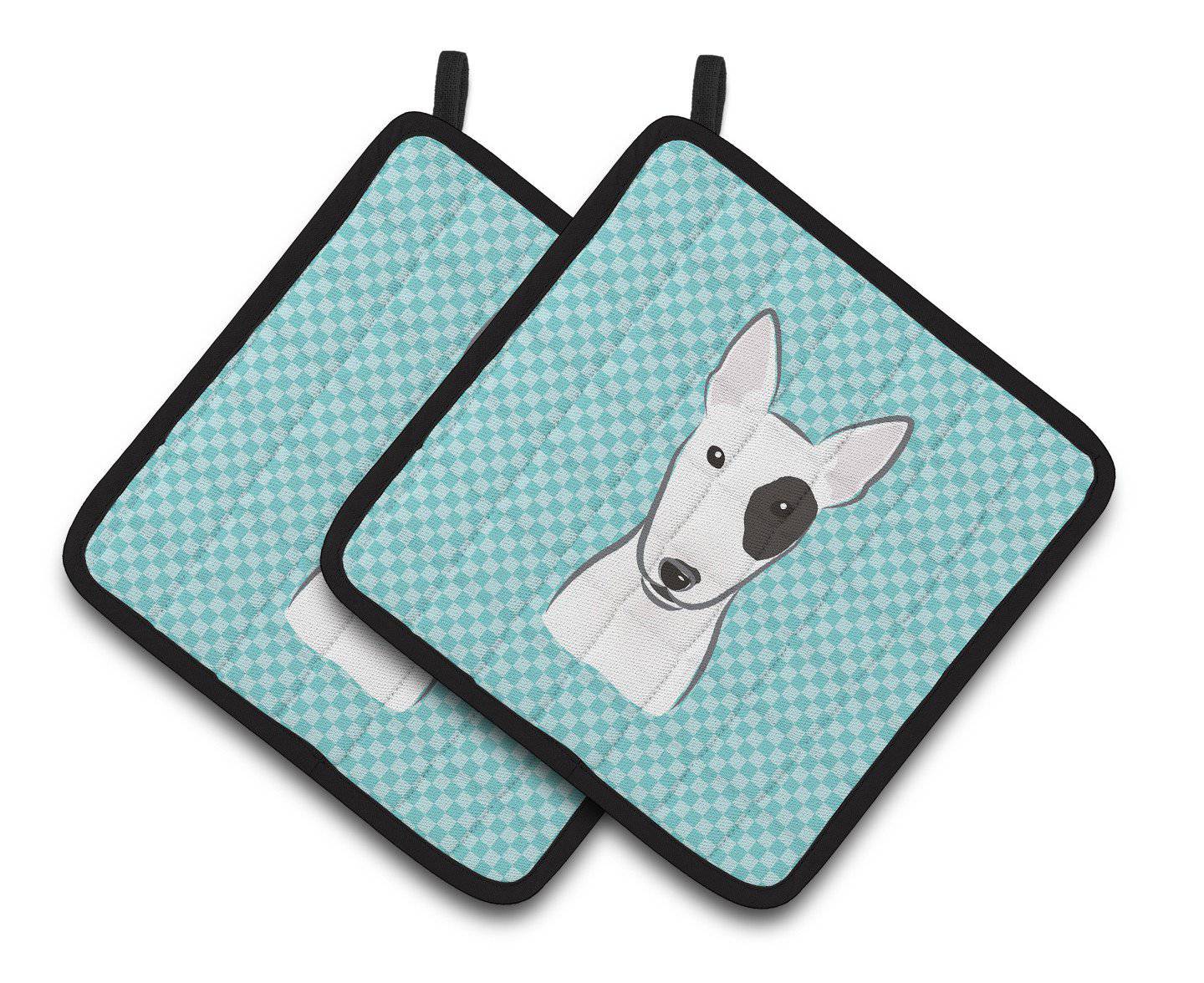 Checkerboard Blue Bull Terrier Pair of Pot Holders BB1147PTHD - the-store.com