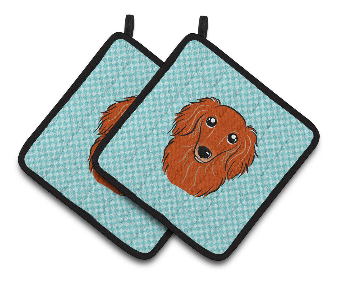 Checkerboard Blue Longhair Red Dachshund Pair of Pot Holders BB1152PTHD - the-store.com