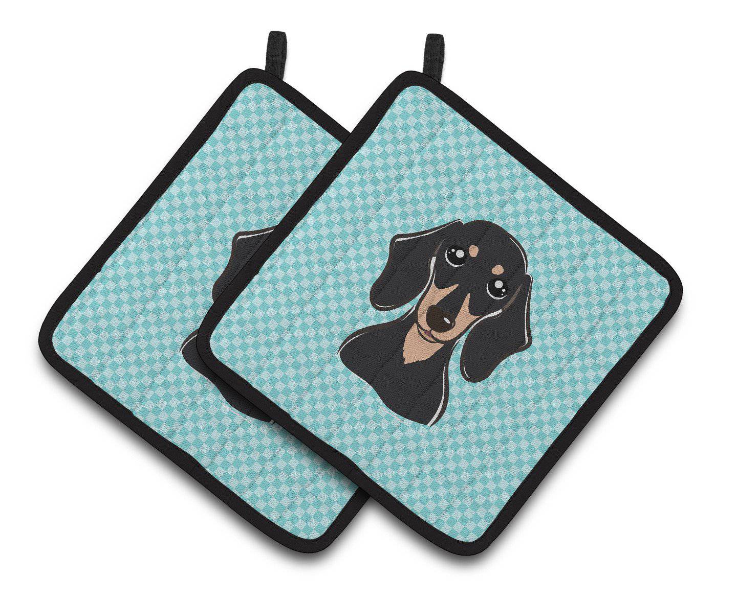 Checkerboard Blue Smooth Black and Tan Dachshund Pair of Pot Holders BB1153PTHD - the-store.com