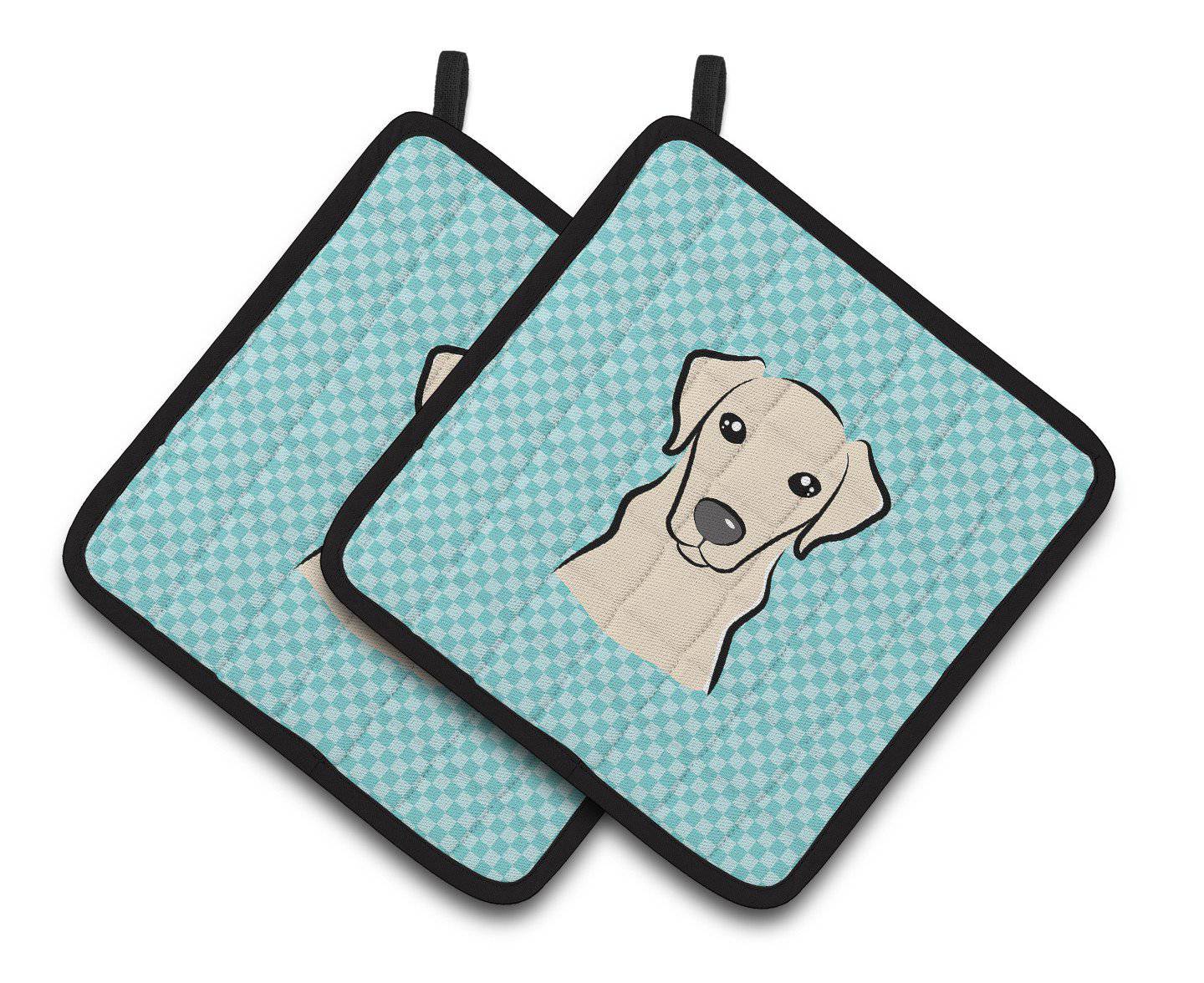 Checkerboard Blue Yellow Labrador Pair of Pot Holders BB1160PTHD - the-store.com