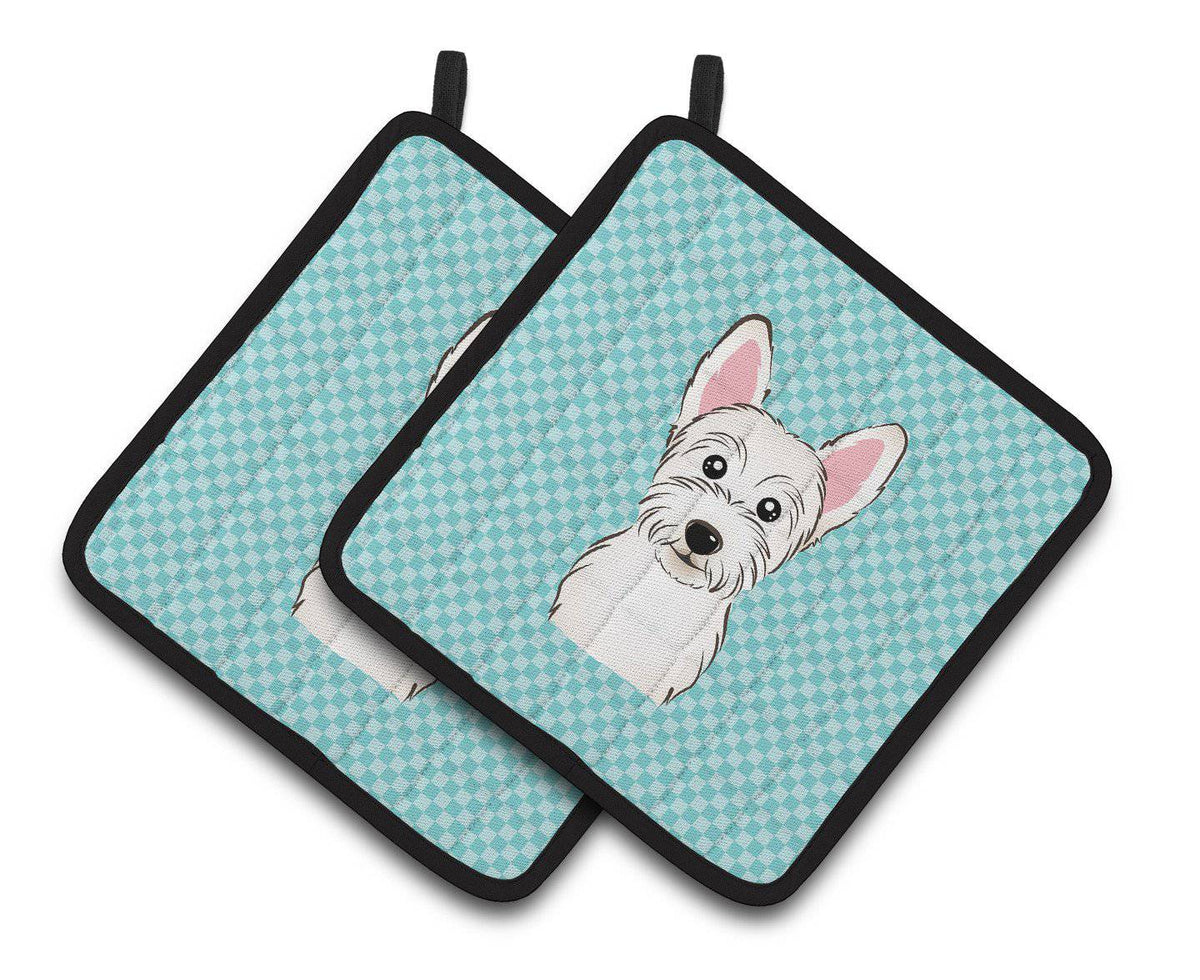 Checkerboard Blue Westie Pair of Pot Holders BB1164PTHD - the-store.com