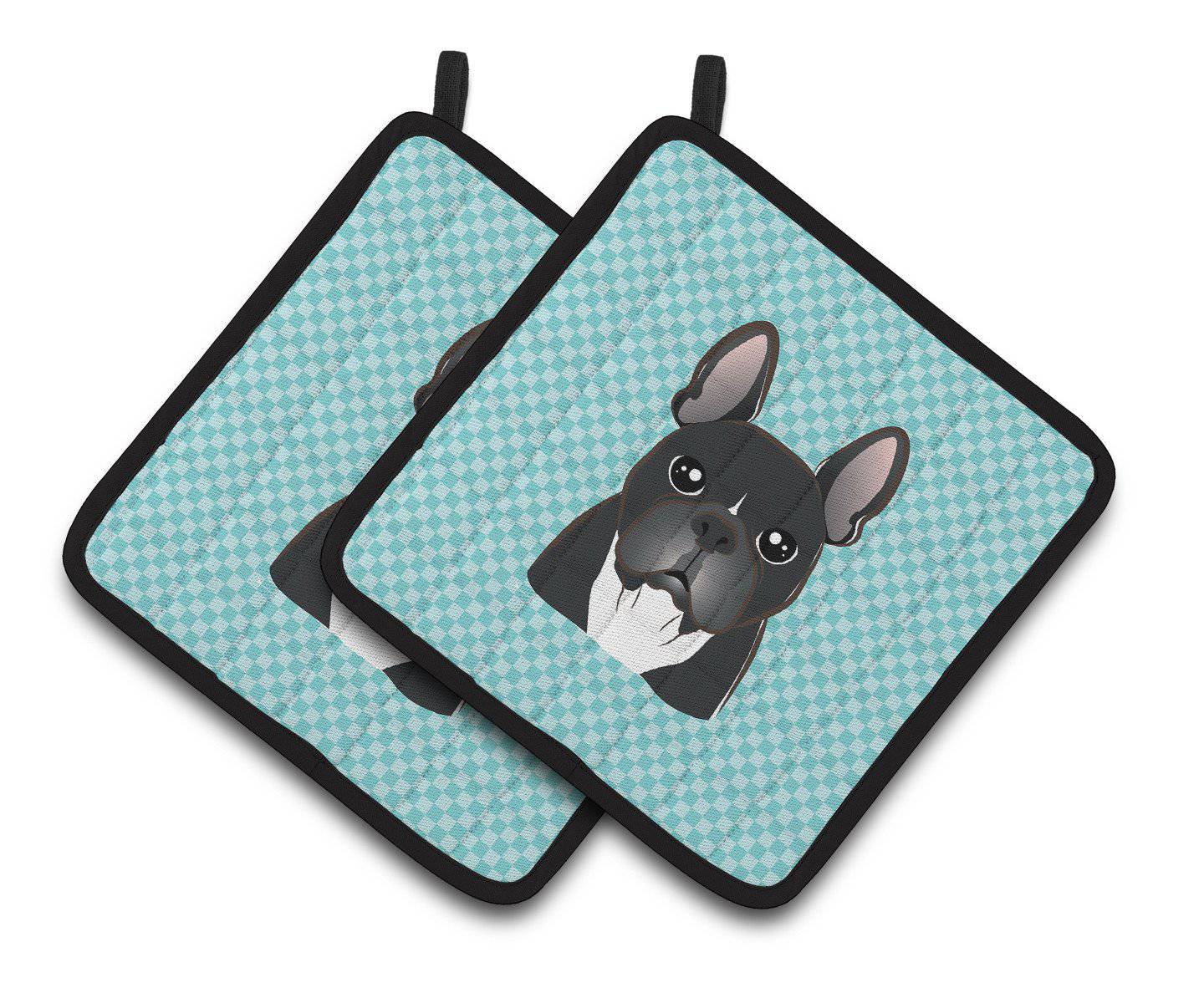 Checkerboard Blue French Bulldog Pair of Pot Holders BB1165PTHD - the-store.com