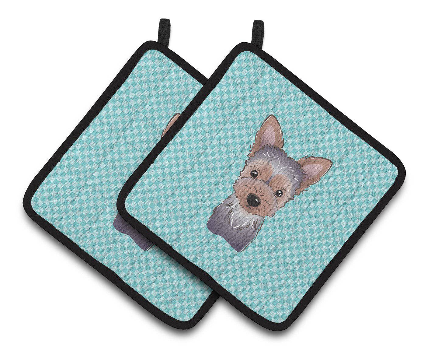 Checkerboard Blue Yorkie Puppy Pair of Pot Holders BB1170PTHD - the-store.com
