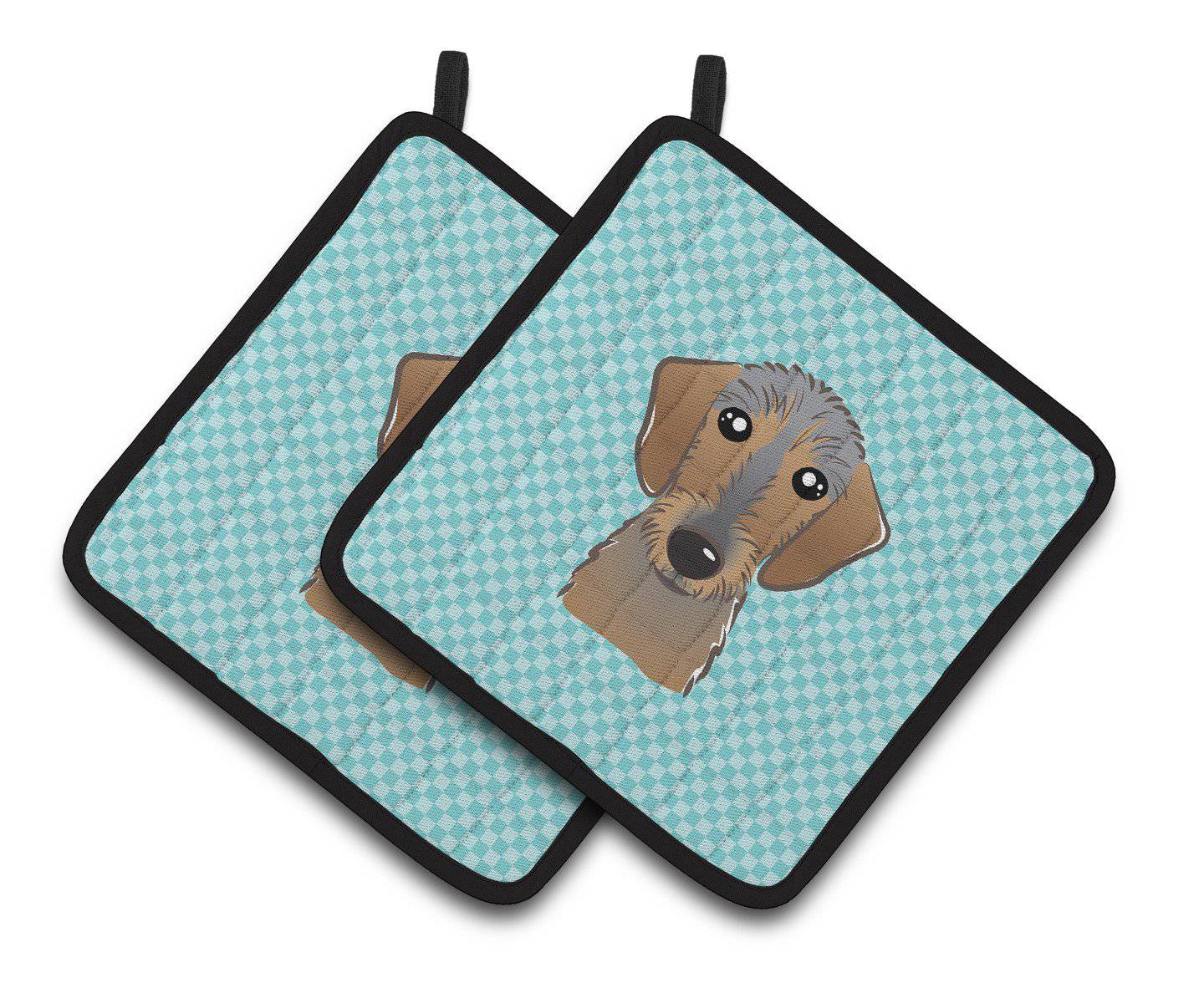 Checkerboard Blue Wirehaired Dachshund Pair of Pot Holders BB1171PTHD - the-store.com