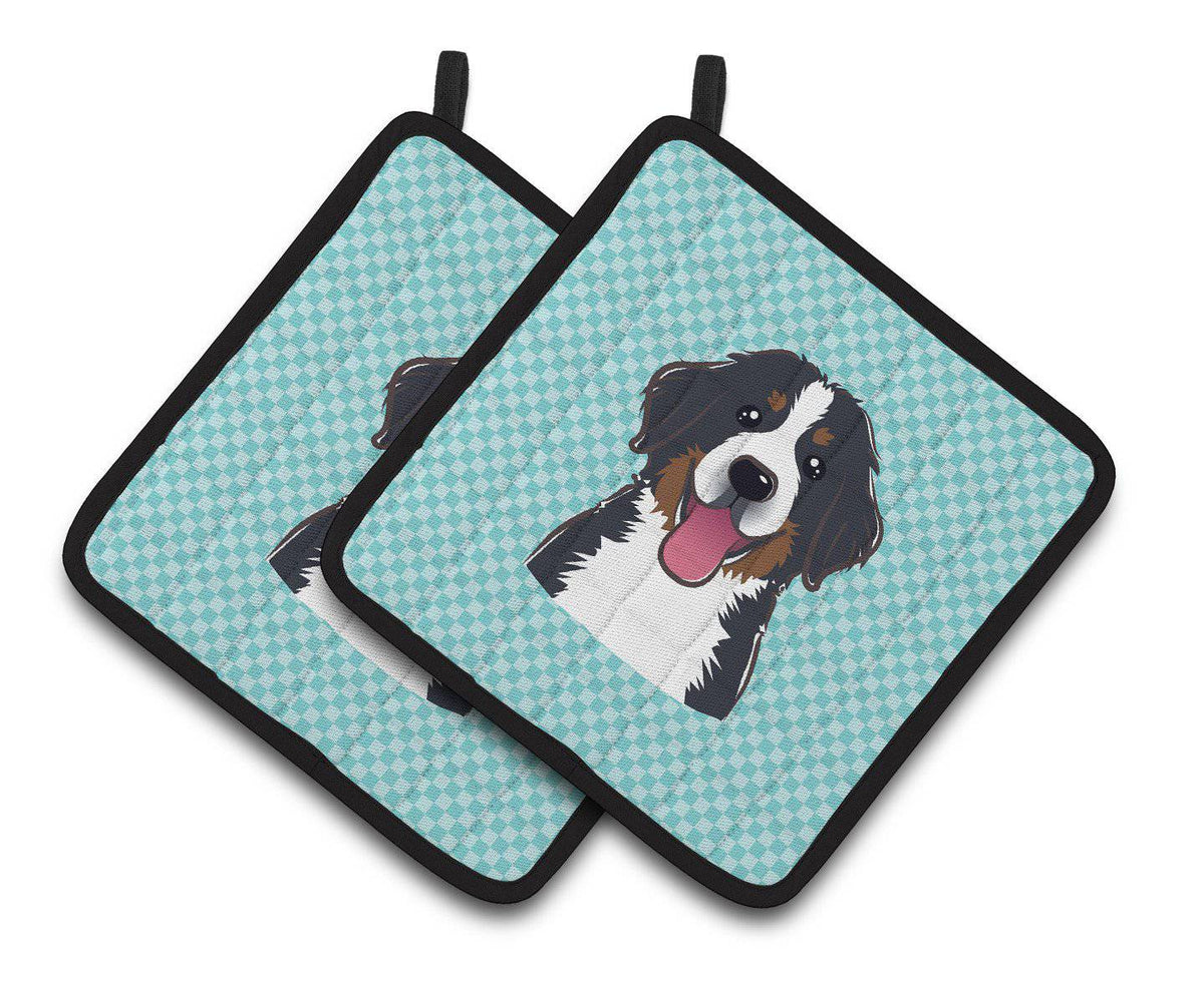 Checkerboard Blue Bernese Mountain Dog Pair of Pot Holders BB1175PTHD - the-store.com