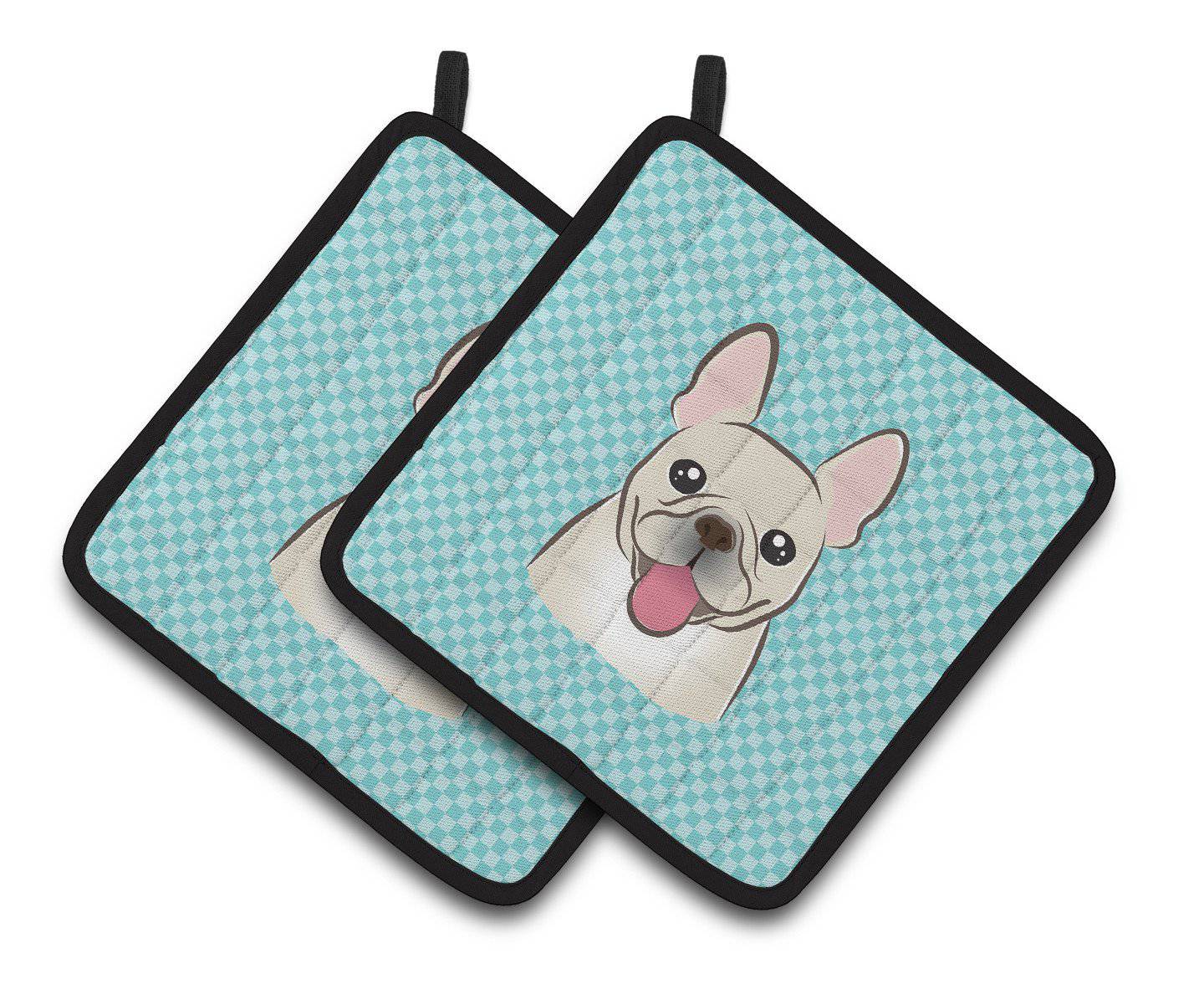 Checkerboard Blue French Bulldog Pair of Pot Holders BB1176PTHD - the-store.com