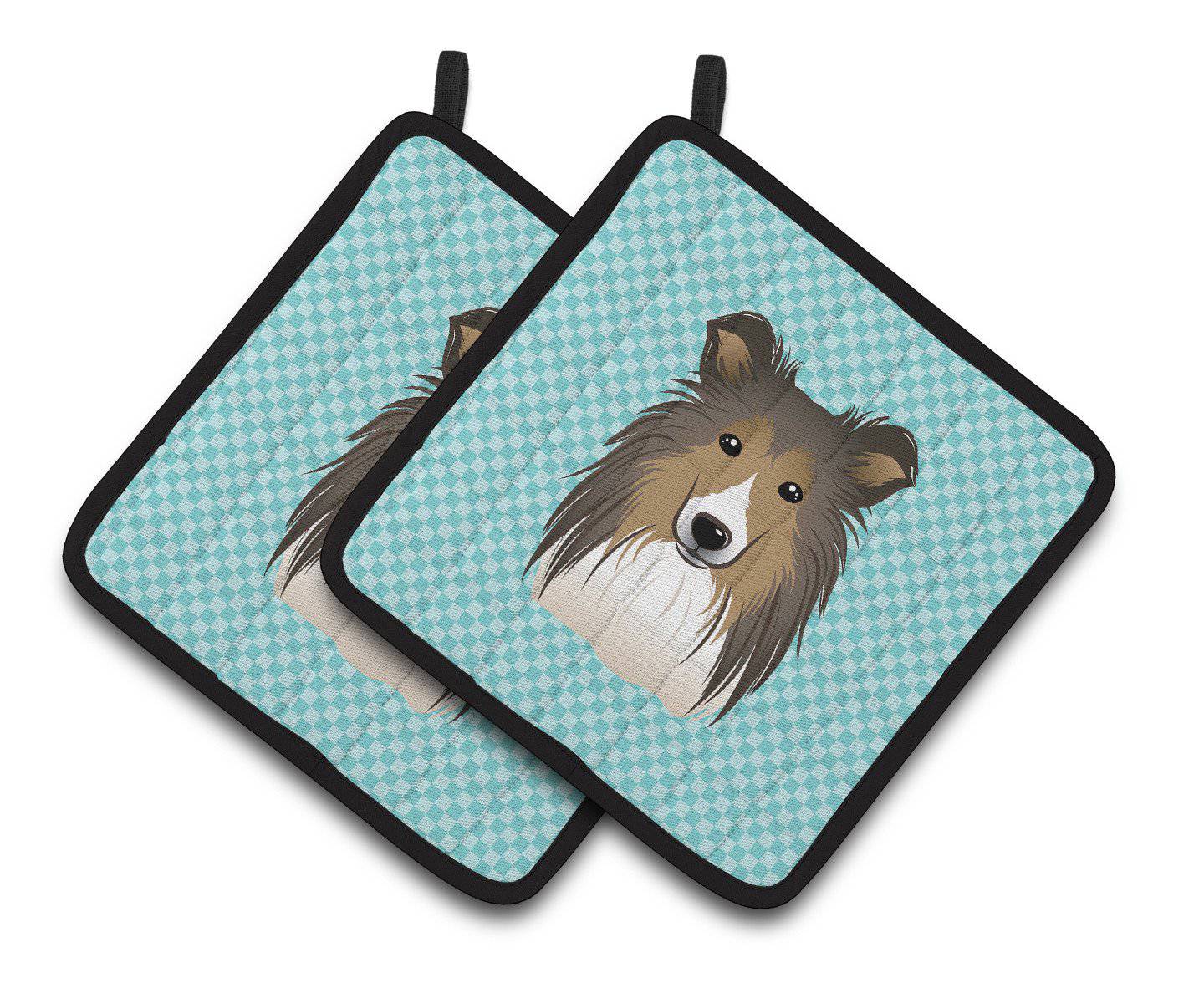 Checkerboard Blue Sheltie Pair of Pot Holders BB1180PTHD - the-store.com