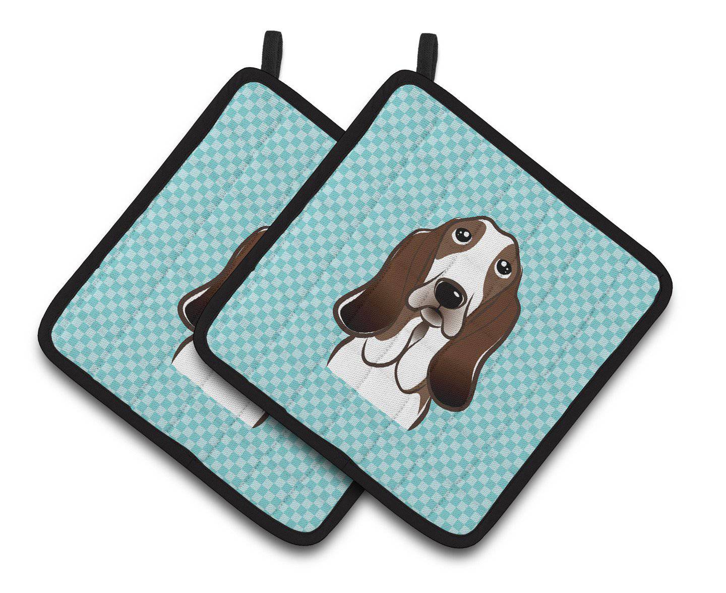 Checkerboard Blue Basset Hound Pair of Pot Holders BB1181PTHD - the-store.com