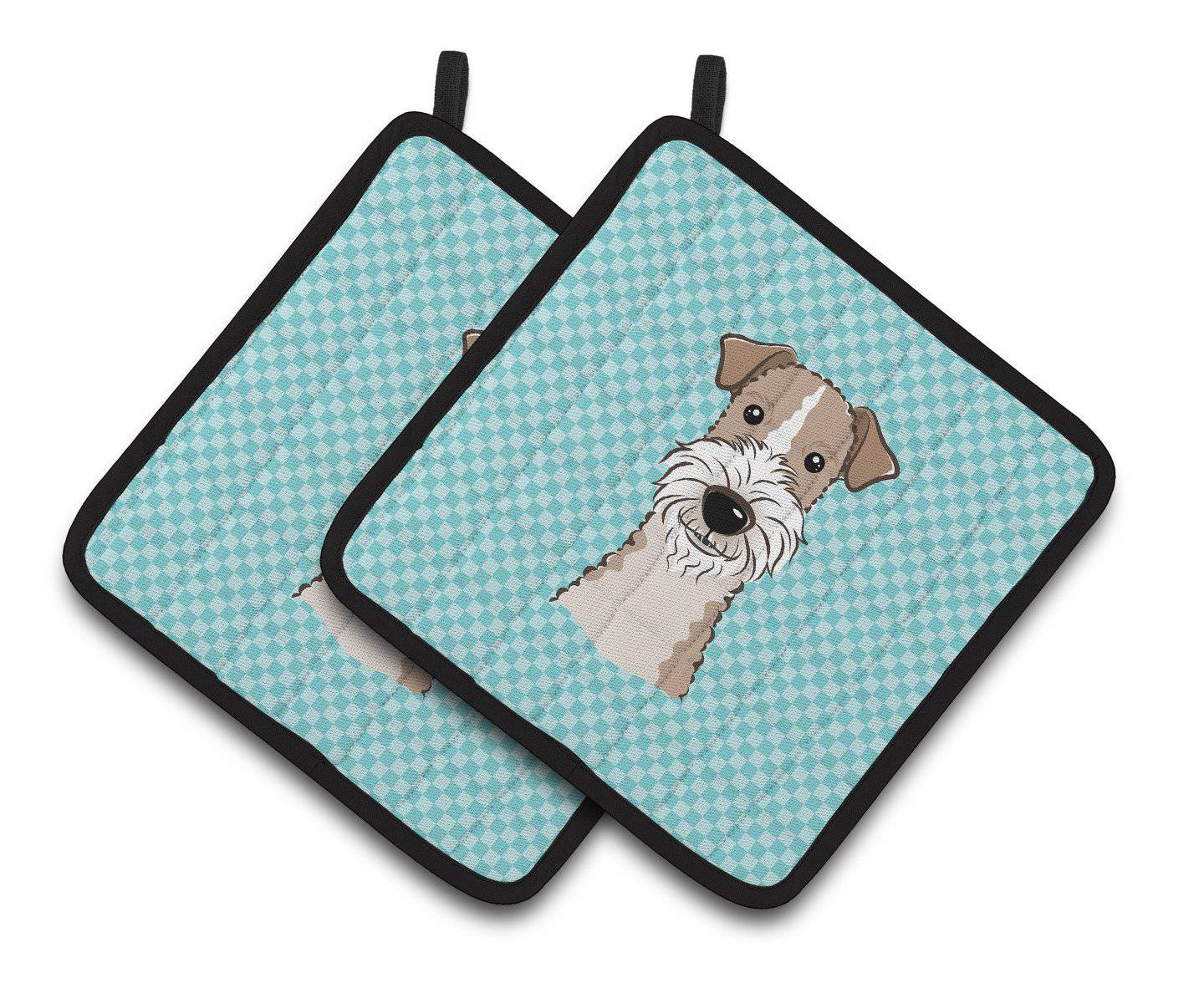 Checkerboard Blue Wire Haired Fox Terrier Pair of Pot Holders BB1185PTHD - the-store.com