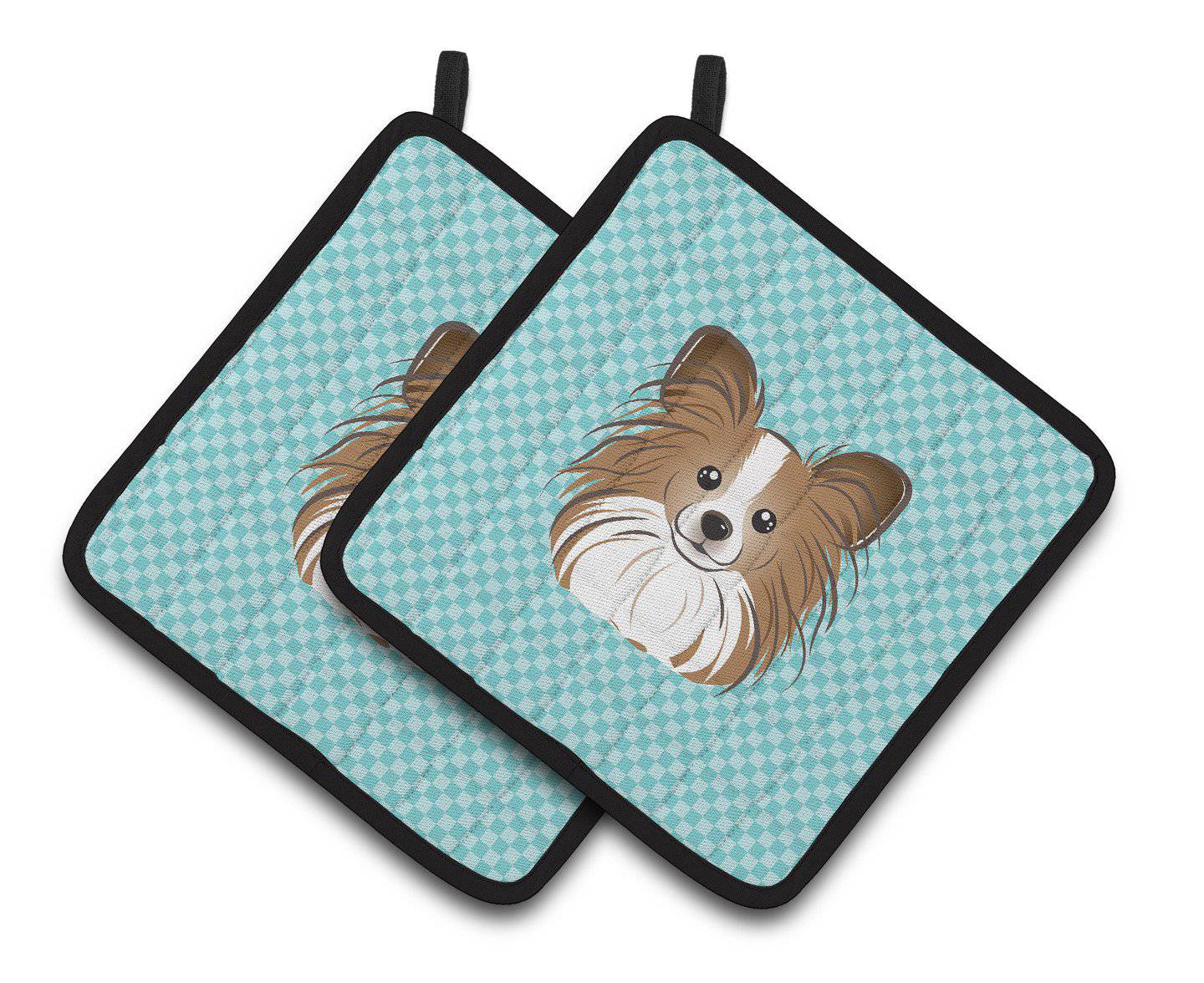 Checkerboard Blue Papillon Pair of Pot Holders BB1186PTHD - the-store.com
