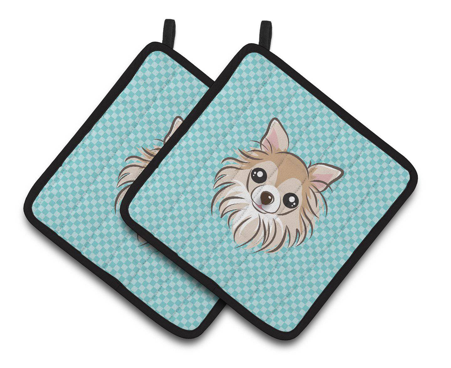 Checkerboard Blue Chihuahua Pair of Pot Holders BB1189PTHD - the-store.com