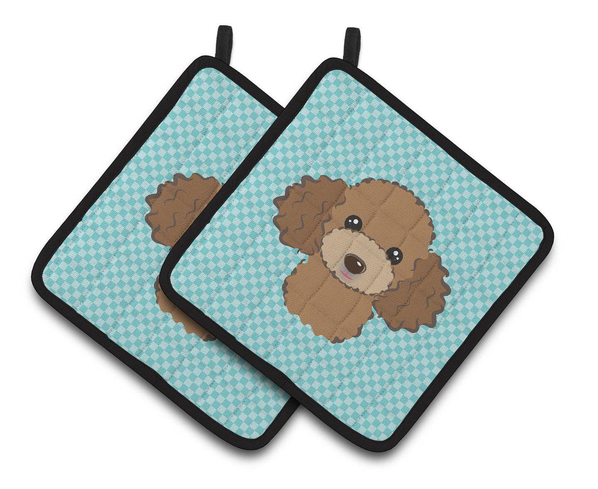 Checkerboard Blue Chocolate Brown Poodle Pair of Pot Holders BB1194PTHD - the-store.com
