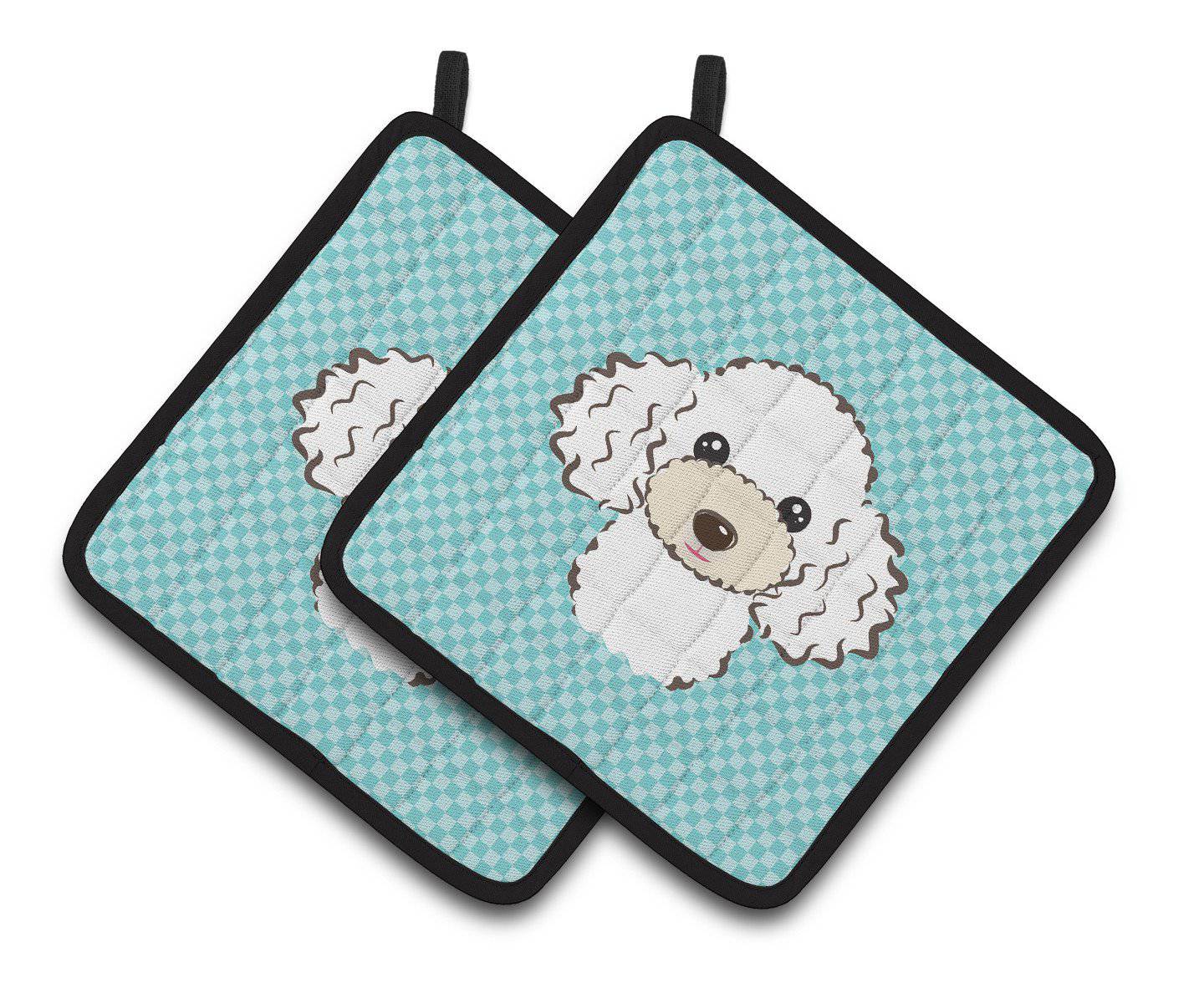 Checkerboard Blue White Poodle Pair of Pot Holders BB1195PTHD - the-store.com