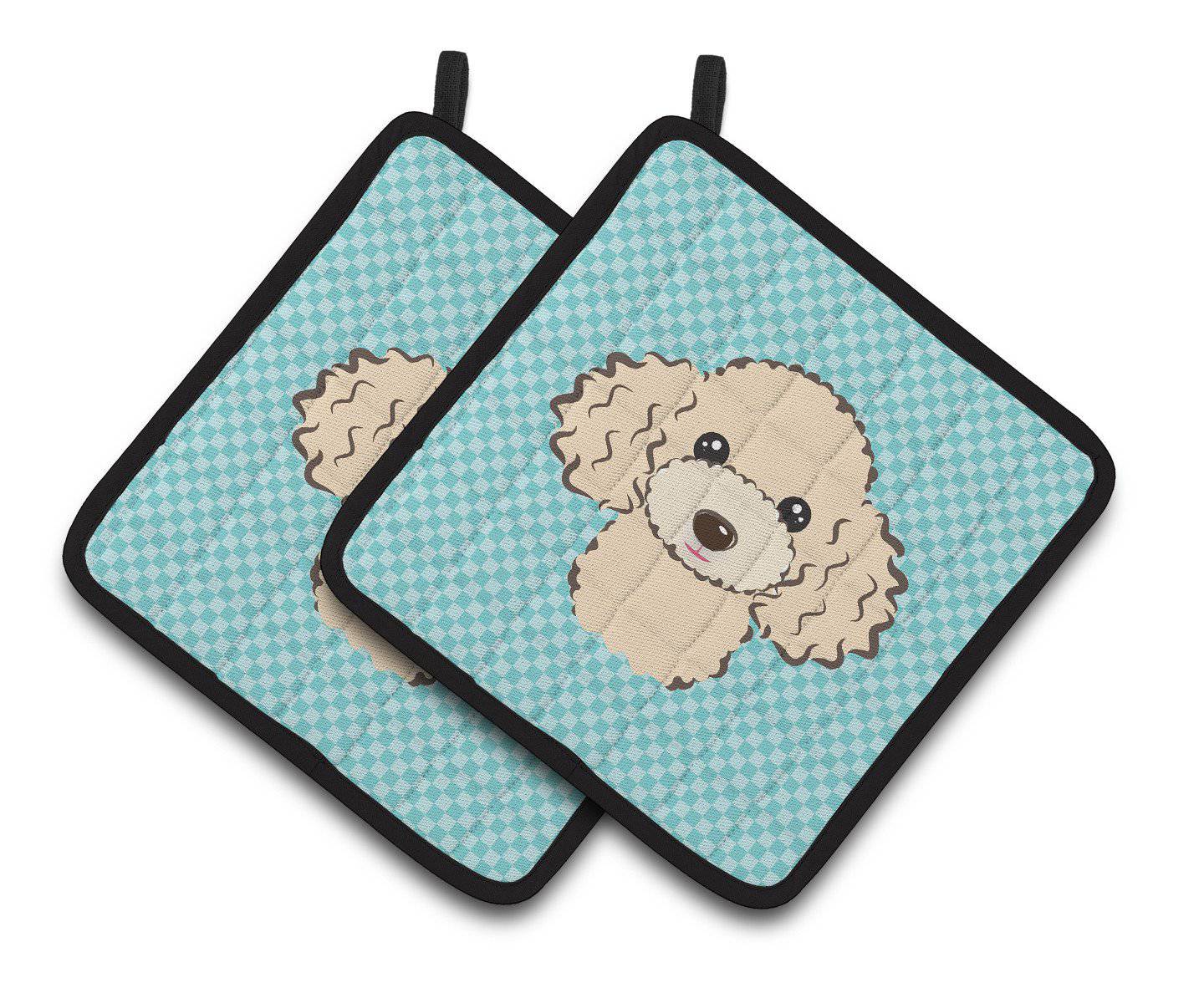 Checkerboard Blue Buff Poodle Pair of Pot Holders BB1196PTHD - the-store.com
