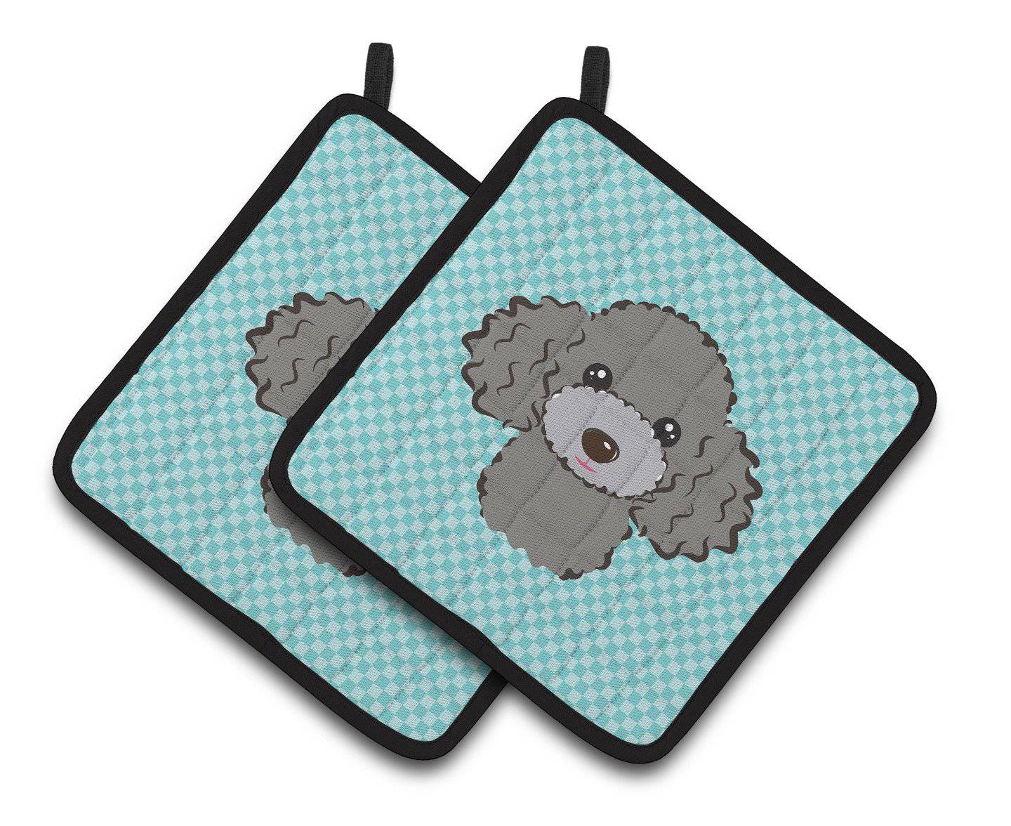 Checkerboard Blue Silver Gray Poodle Pair of Pot Holders BB1197PTHD - the-store.com