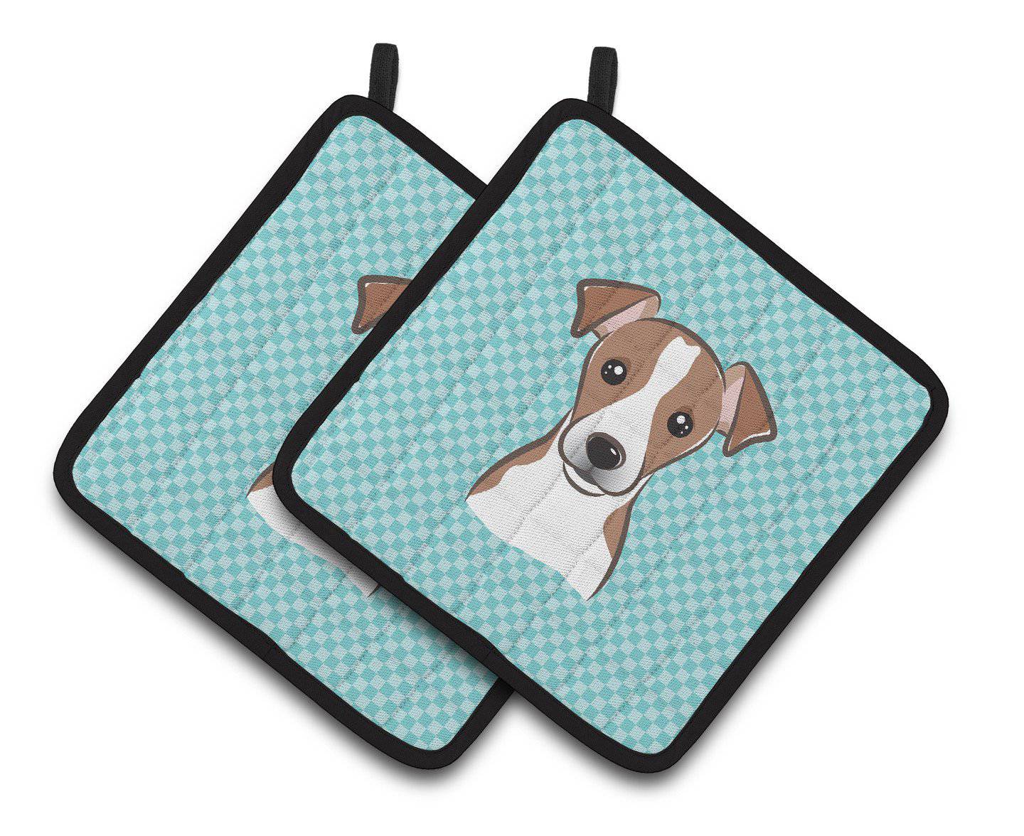 Checkerboard Blue Jack Russell Terrier Pair of Pot Holders BB1198PTHD - the-store.com