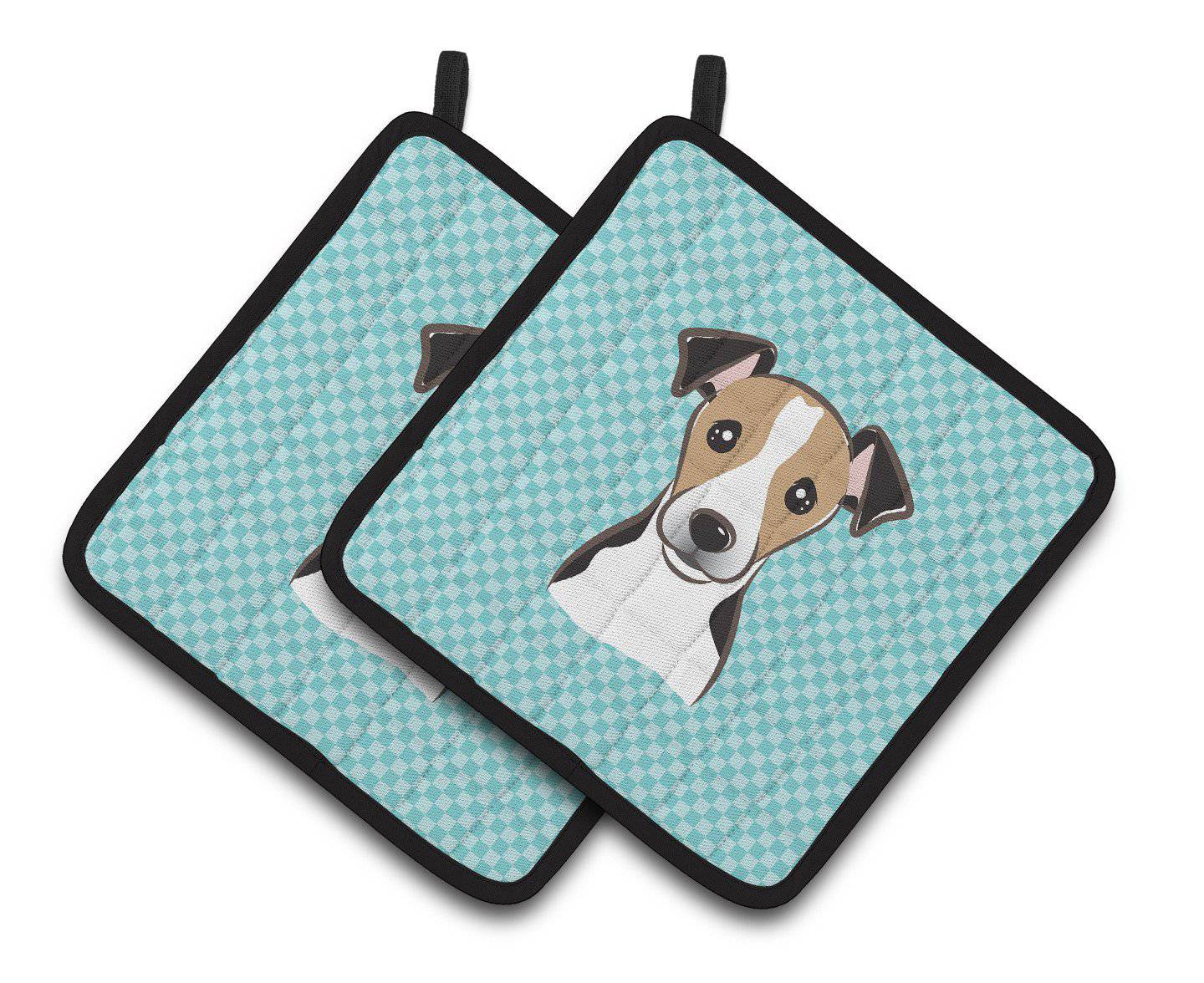 Checkerboard Blue Jack Russell Terrier Pair of Pot Holders BB1199PTHD - the-store.com