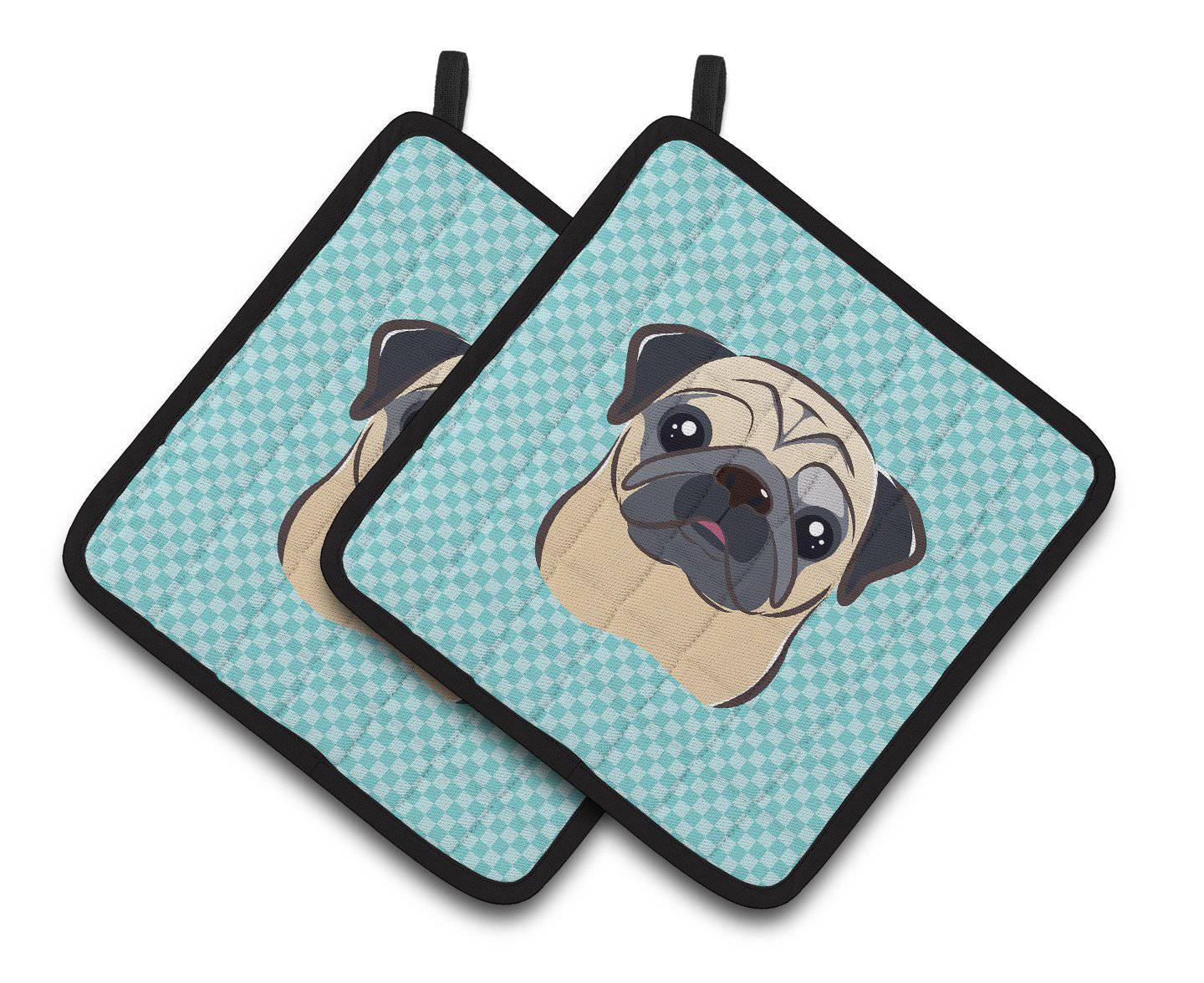 Checkerboard Blue Fawn Pug Pair of Pot Holders BB1200PTHD - the-store.com