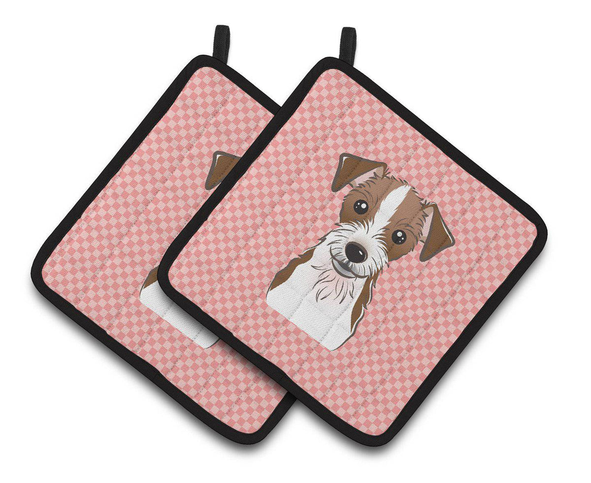 Checkerboard Pink Jack Russell Terrier Pair of Pot Holders BB1202PTHD - the-store.com