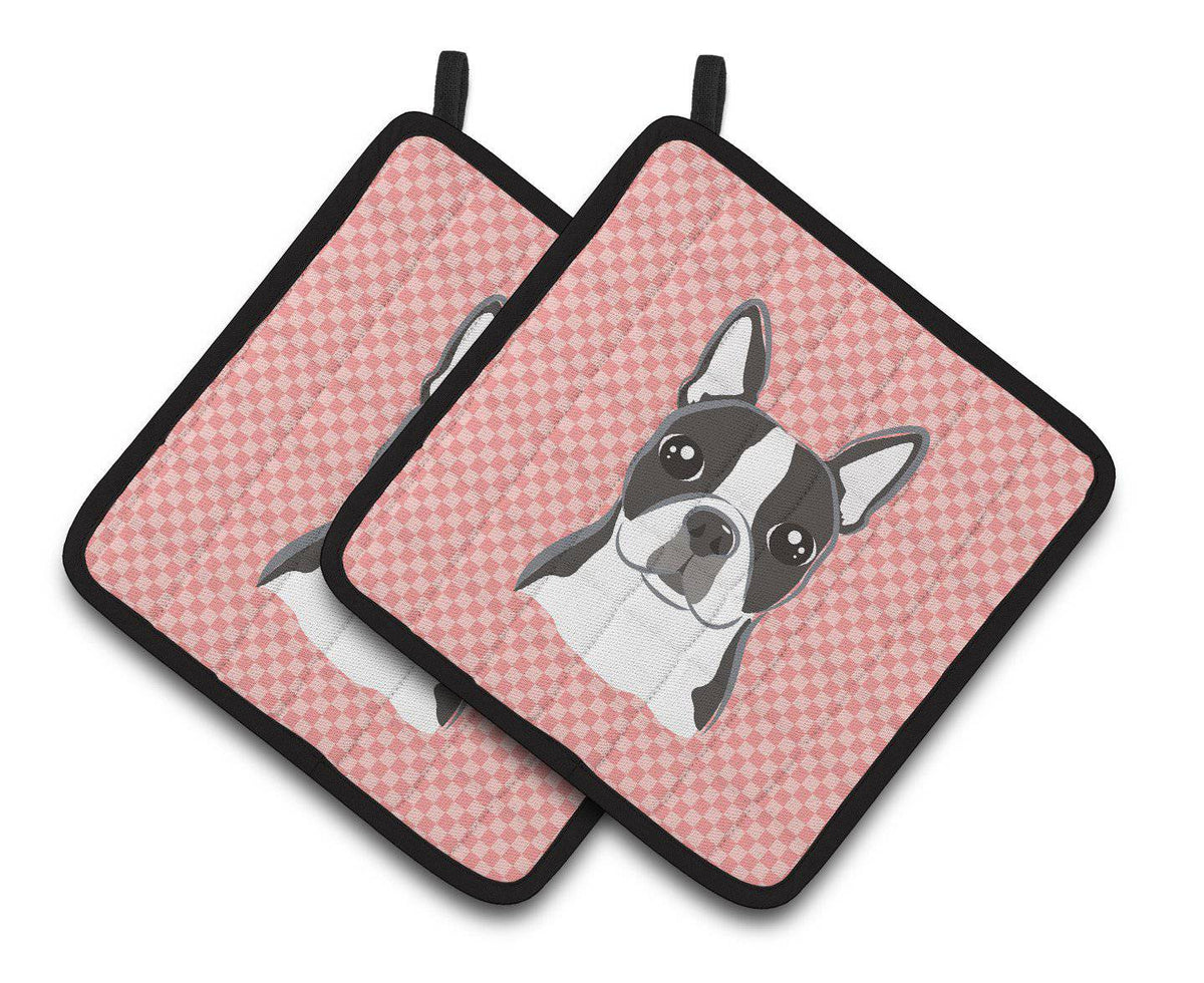 Checkerboard Pink Boston Terrier Pair of Pot Holders BB1203PTHD - the-store.com