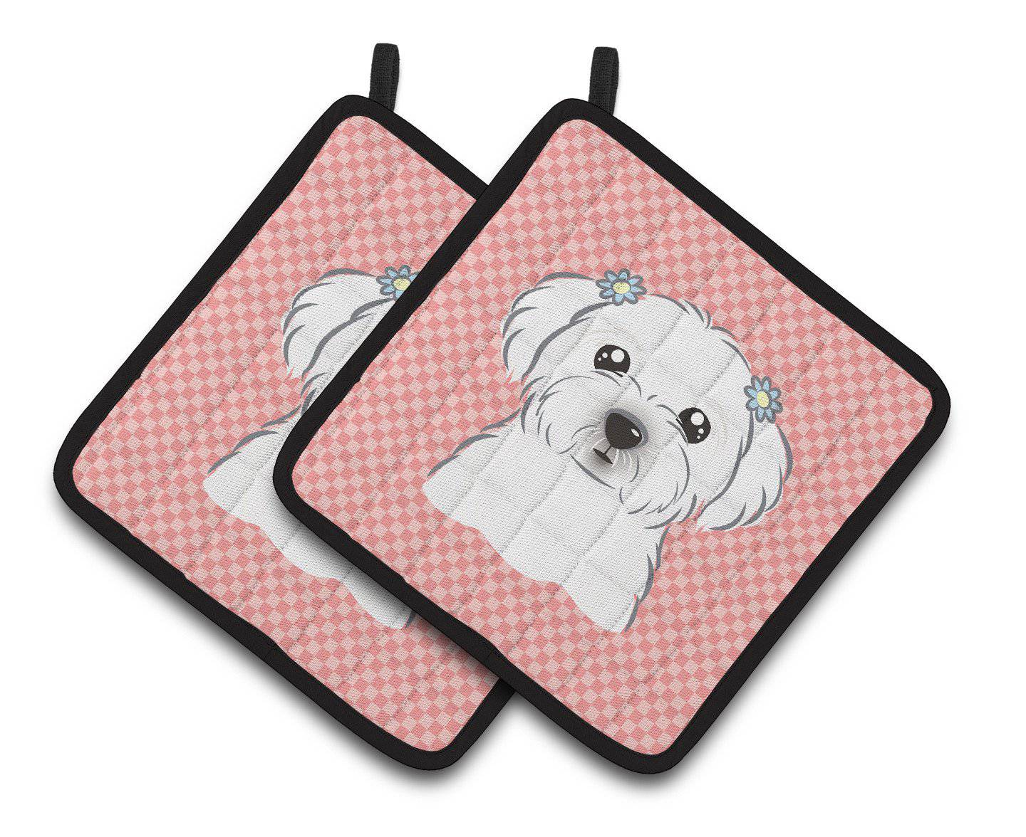 Checkerboard Pink Maltese Pair of Pot Holders BB1208PTHD - the-store.com