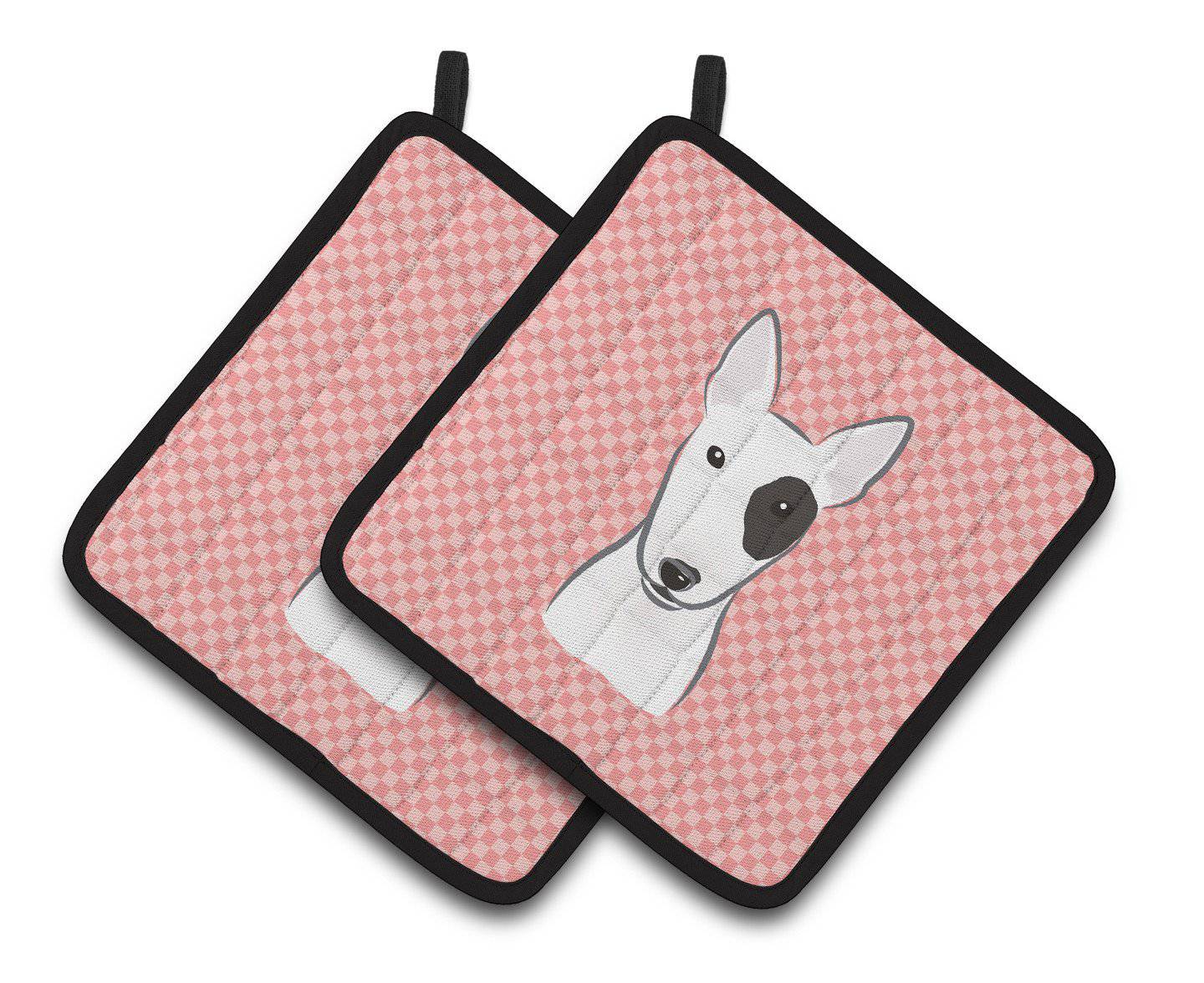 Checkerboard Pink Bull Terrier Pair of Pot Holders BB1209PTHD - the-store.com