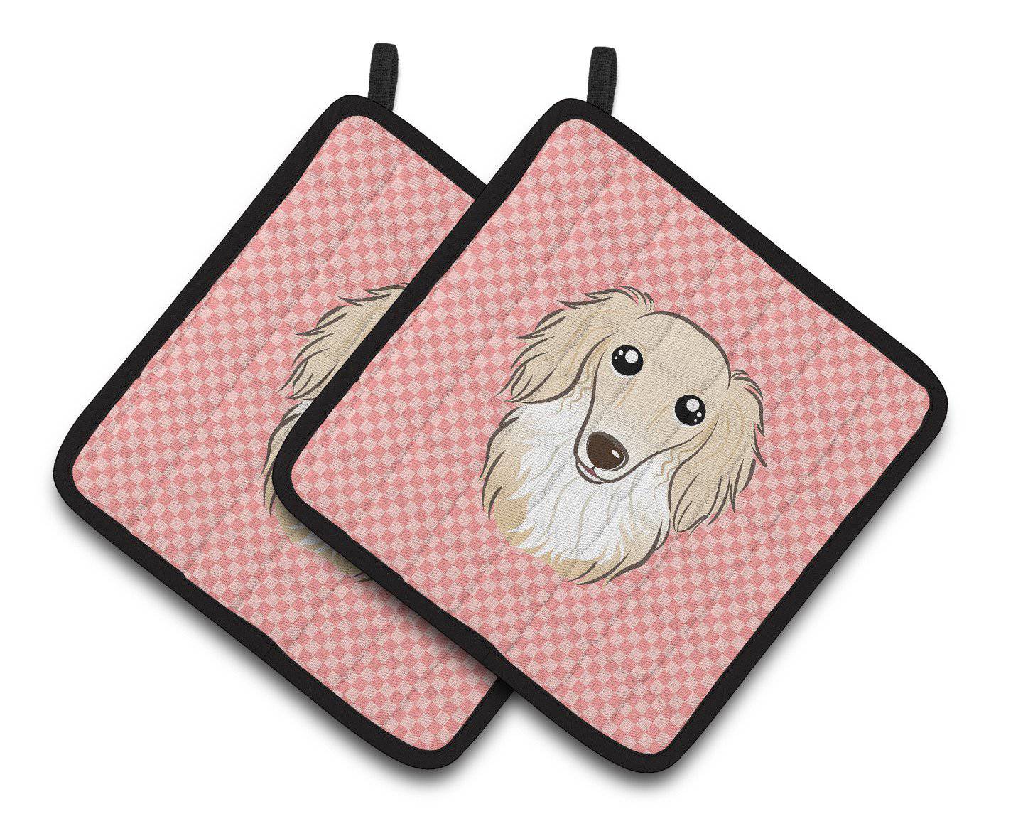 Checkerboard Pink Longhair Creme Dachshund Pair of Pot Holders BB1212PTHD - the-store.com
