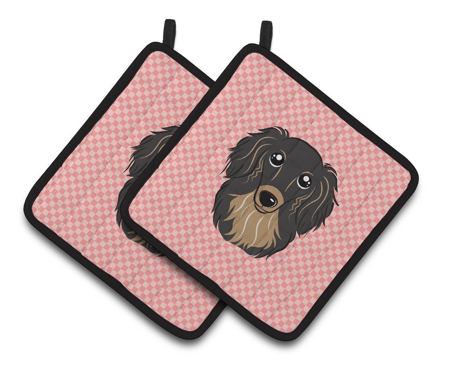 Checkerboard Pink Longhair Black and Tan Dachshund Pair of Pot Holders BB1213PTHD - the-store.com