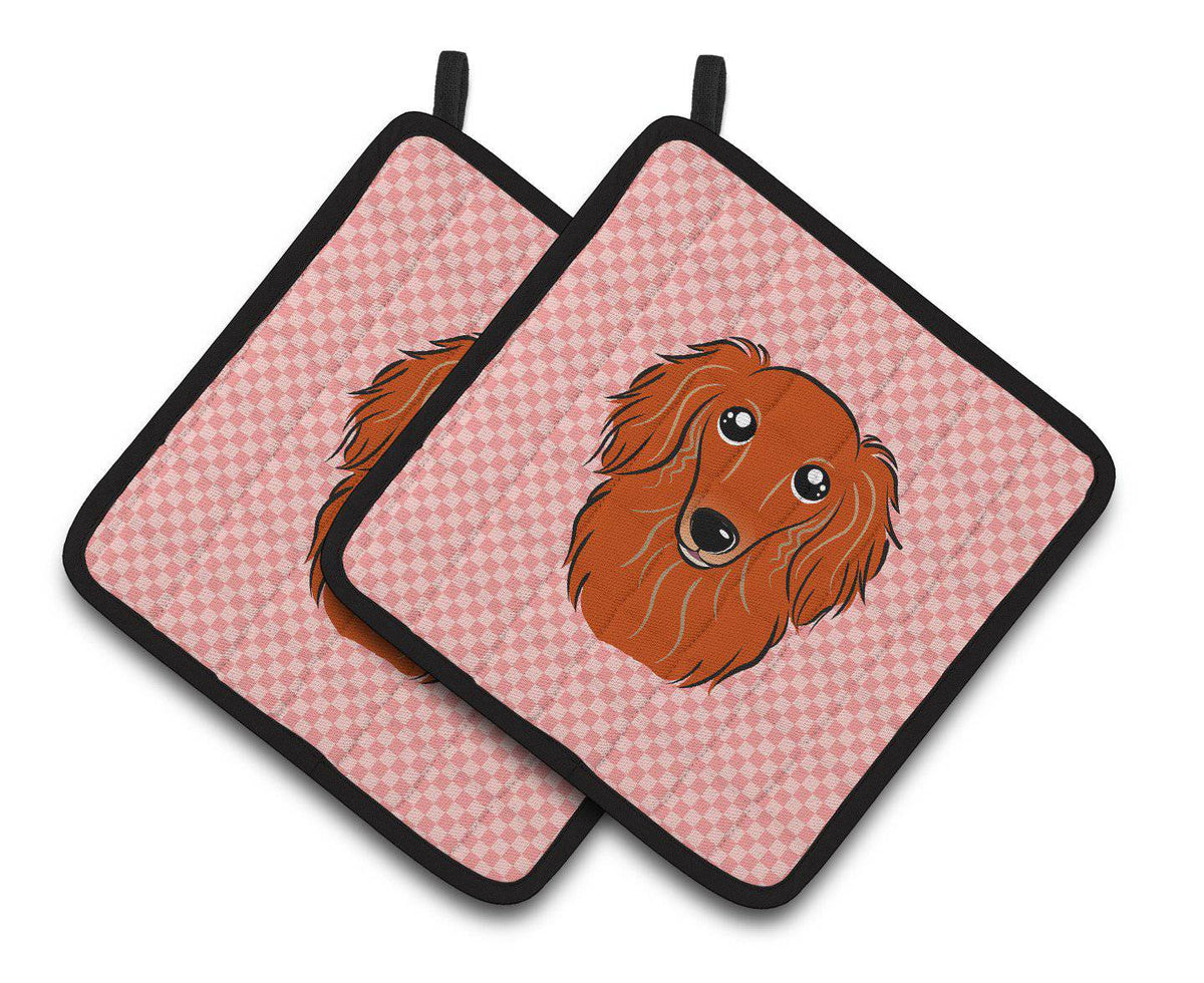 Checkerboard Pink Longhair Red Dachshund Pair of Pot Holders BB1214PTHD - the-store.com