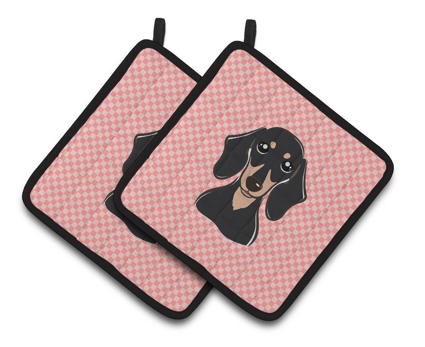 Checkerboard Pink Smooth Black and Tan Dachshund Pair of Pot Holders BB1215PTHD - the-store.com