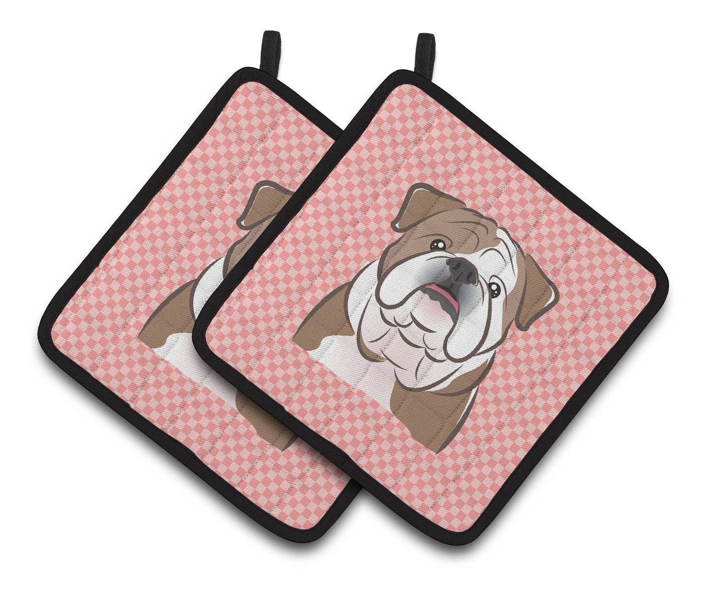 Checkerboard Pink English Bulldog  Pair of Pot Holders BB1219PTHD - the-store.com