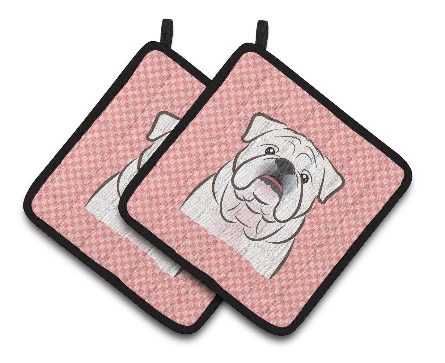 Checkerboard Pink White English Bulldog  Pair of Pot Holders BB1220PTHD - the-store.com