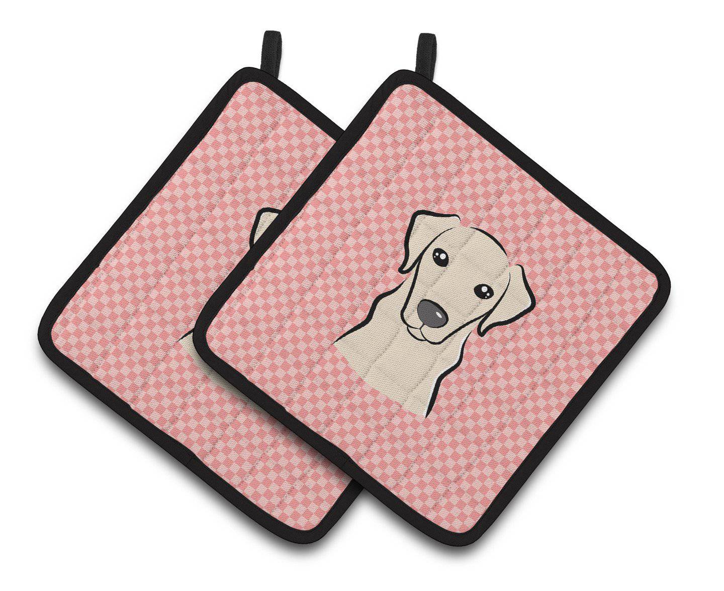 Checkerboard Pink Yellow Labrador Pair of Pot Holders BB1222PTHD - the-store.com