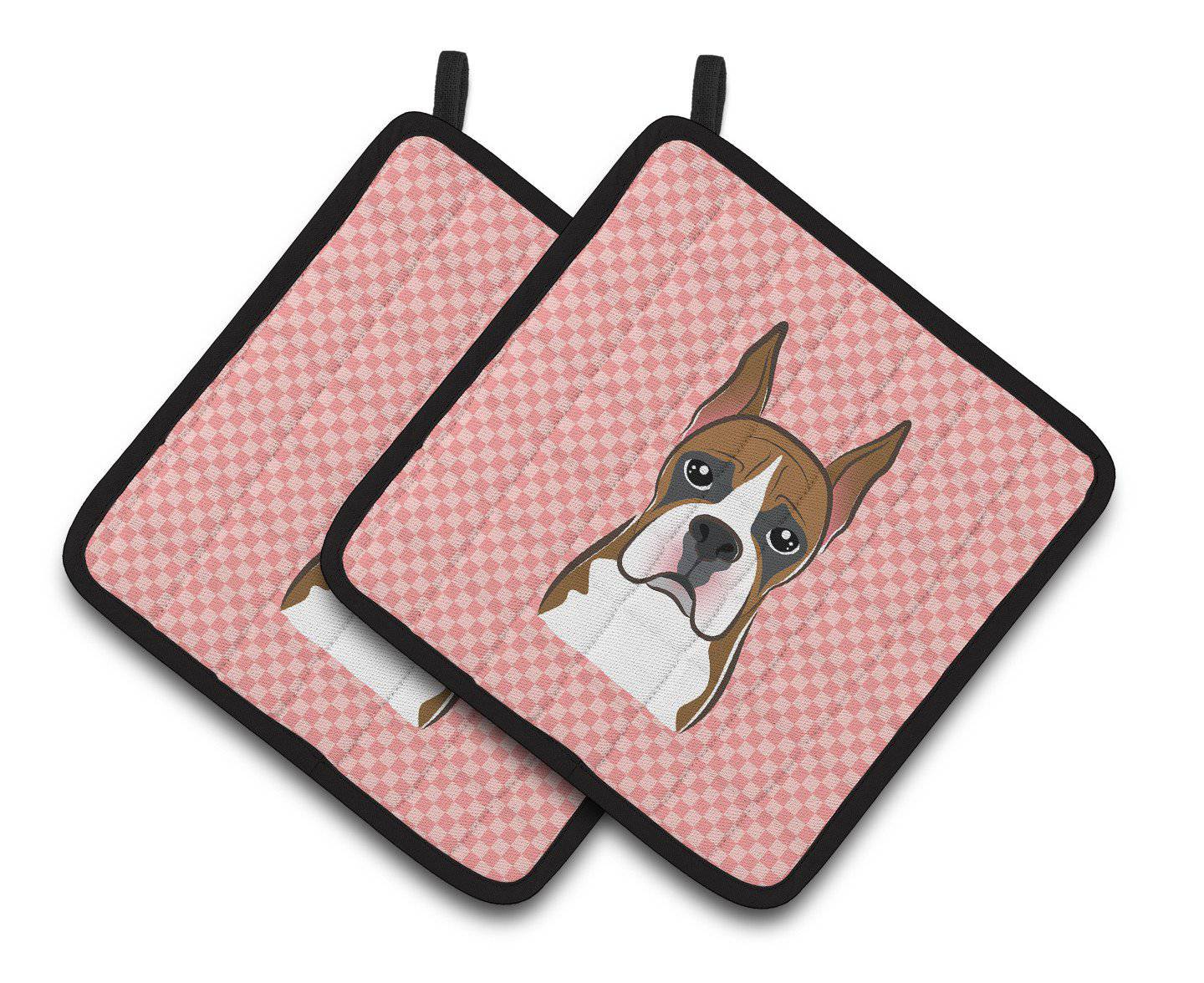 Checkerboard Pink Boxer Pair of Pot Holders BB1223PTHD - the-store.com
