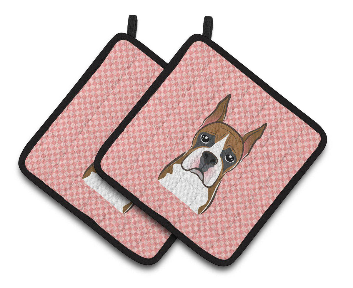 Checkerboard Pink Boxer Pair of Pot Holders BB1223PTHD - the-store.com