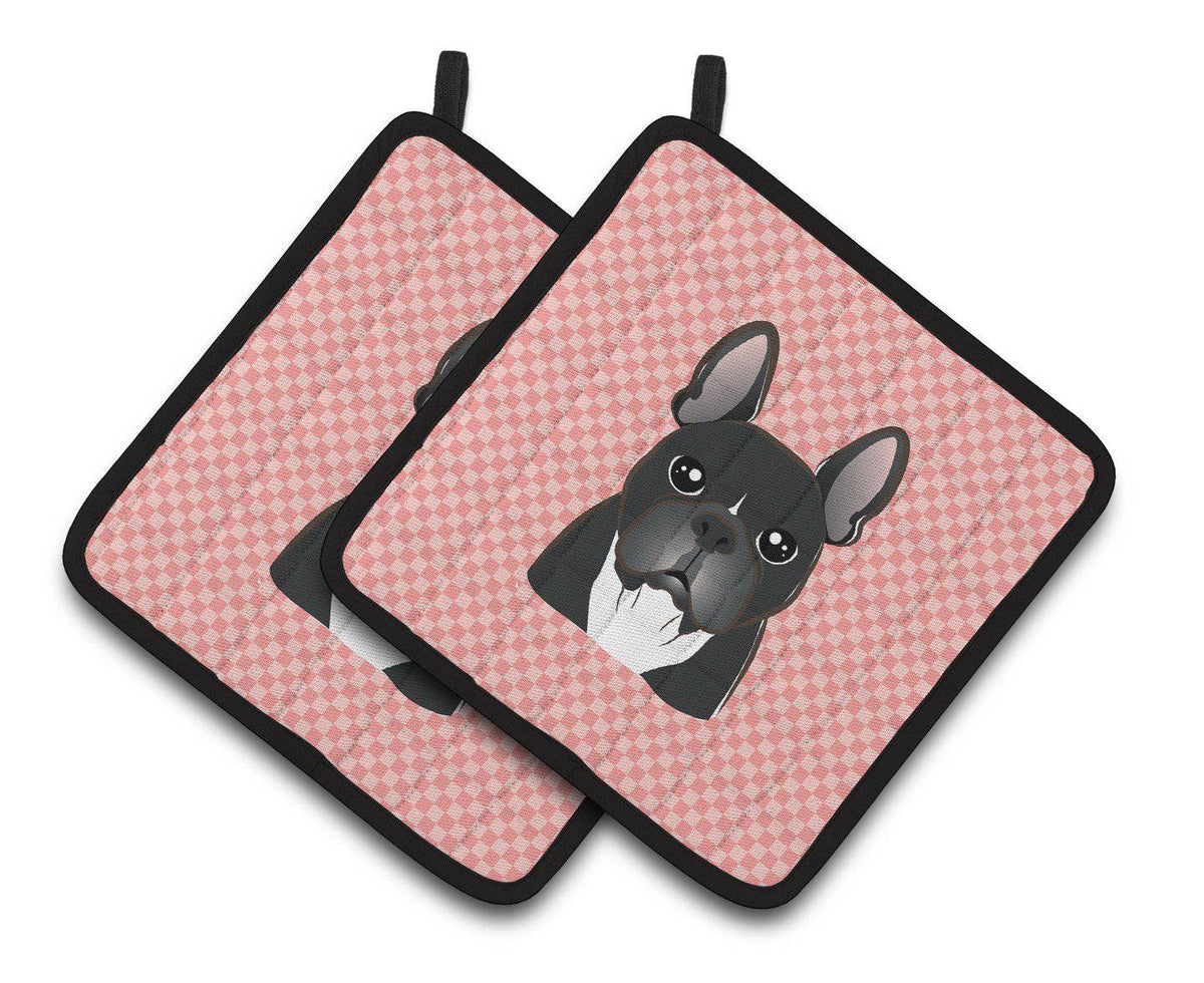 Checkerboard Pink French Bulldog Pair of Pot Holders BB1227PTHD - the-store.com