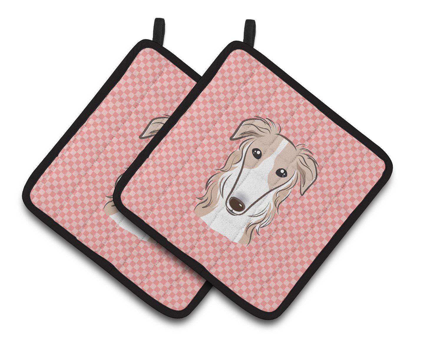 Checkerboard Pink Borzoi Pair of Pot Holders BB1228PTHD - the-store.com