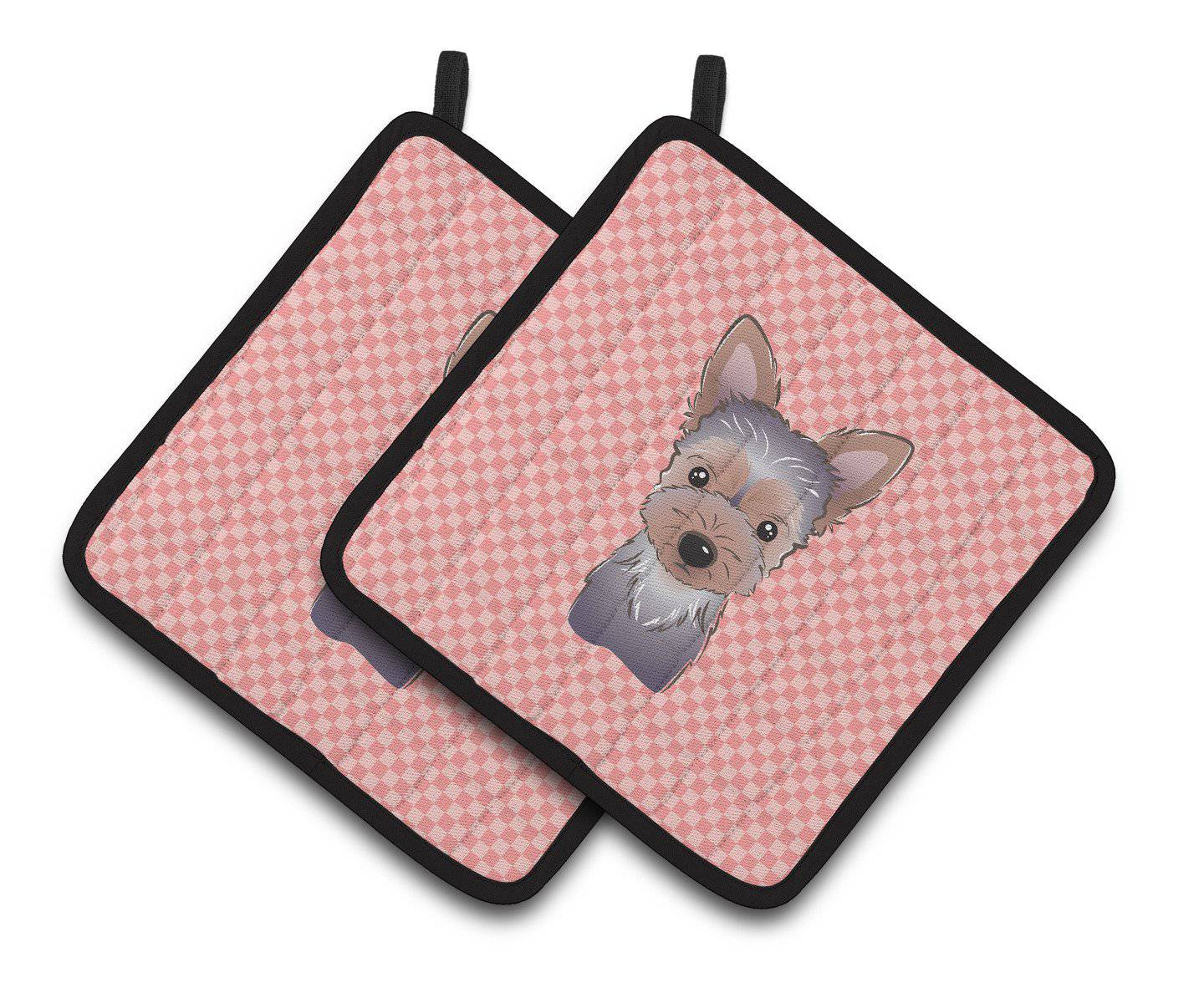 Checkerboard Pink Yorkie Puppy Pair of Pot Holders BB1232PTHD - the-store.com