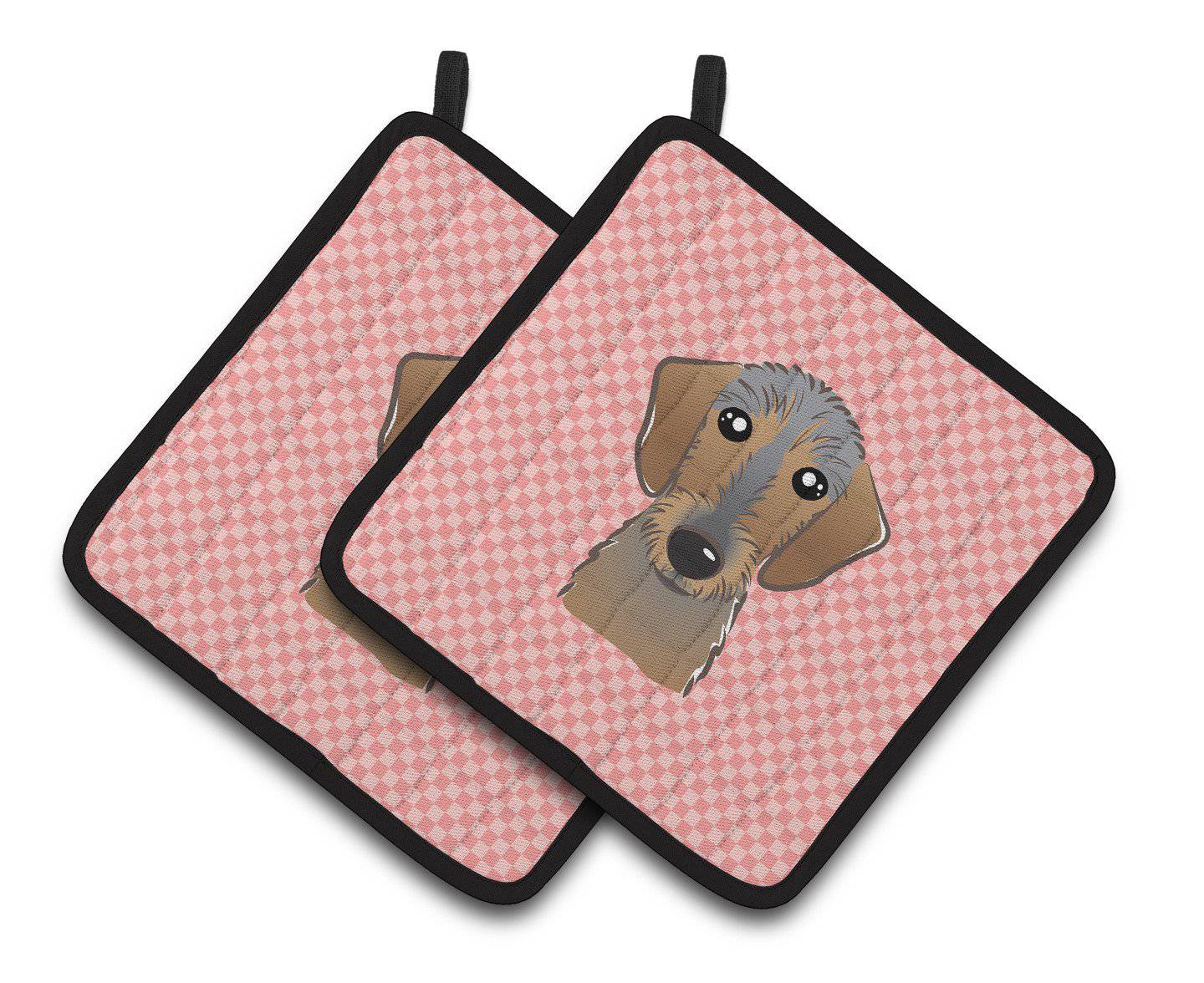 Checkerboard Pink Wirehaired Dachshund Pair of Pot Holders BB1233PTHD - the-store.com