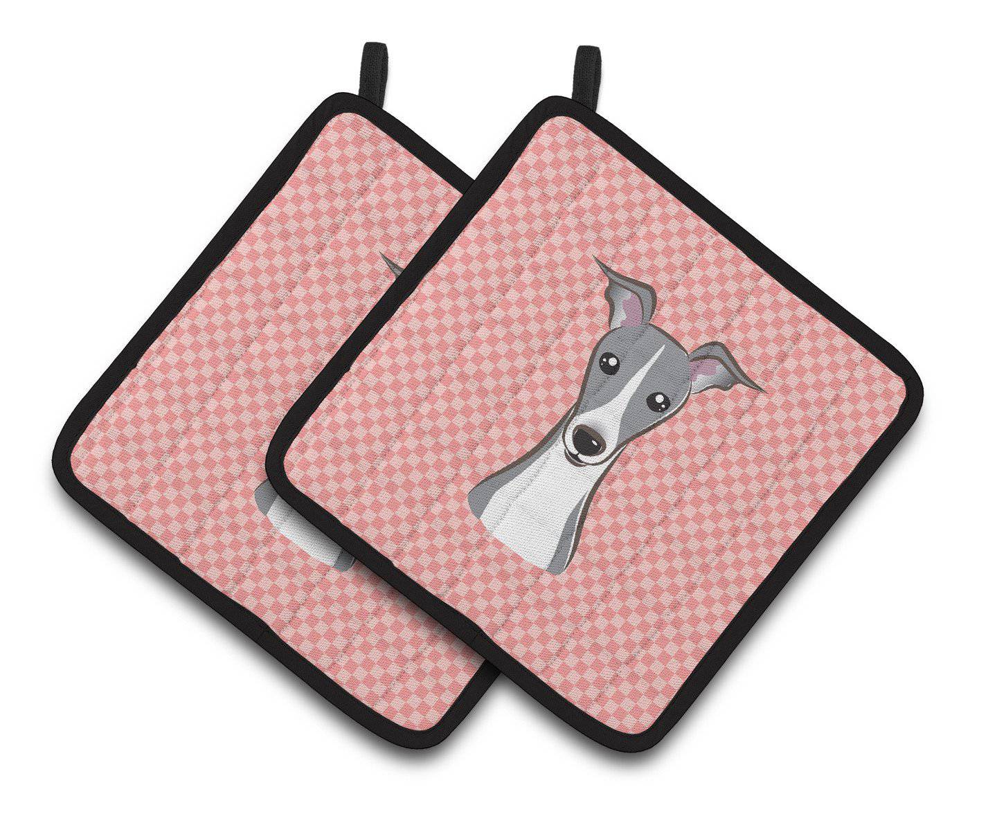 Checkerboard Pink Italian Greyhound Pair of Pot Holders BB1236PTHD - the-store.com