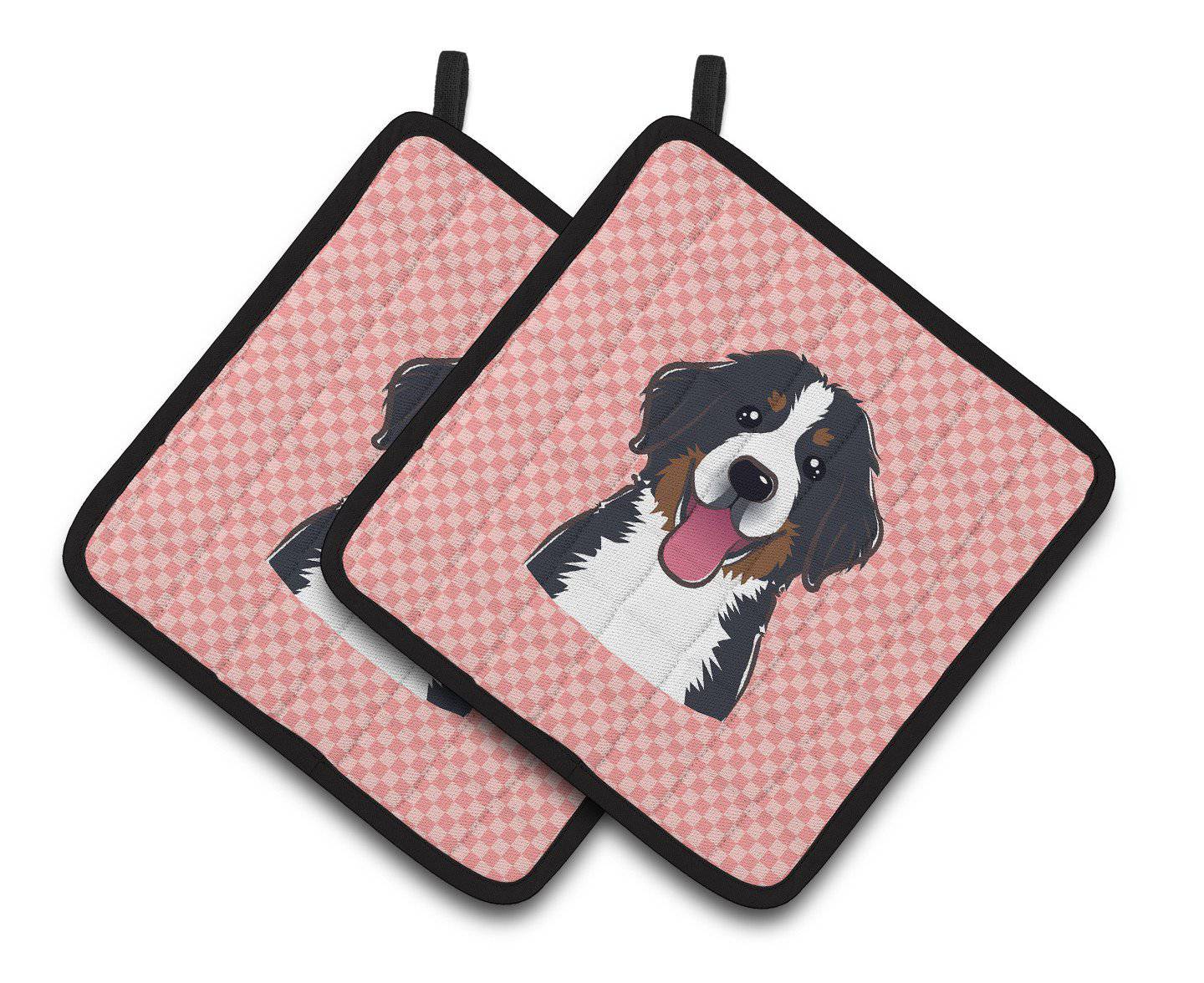 Checkerboard Pink Bernese Mountain Dog Pair of Pot Holders BB1237PTHD - the-store.com
