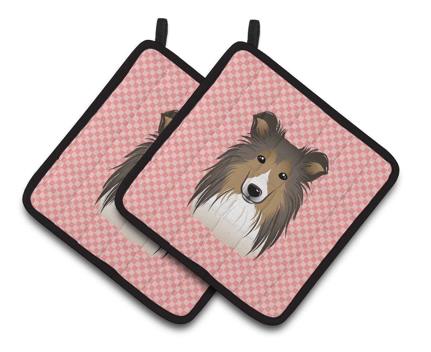 Checkerboard Pink Sheltie Pair of Pot Holders BB1242PTHD - the-store.com