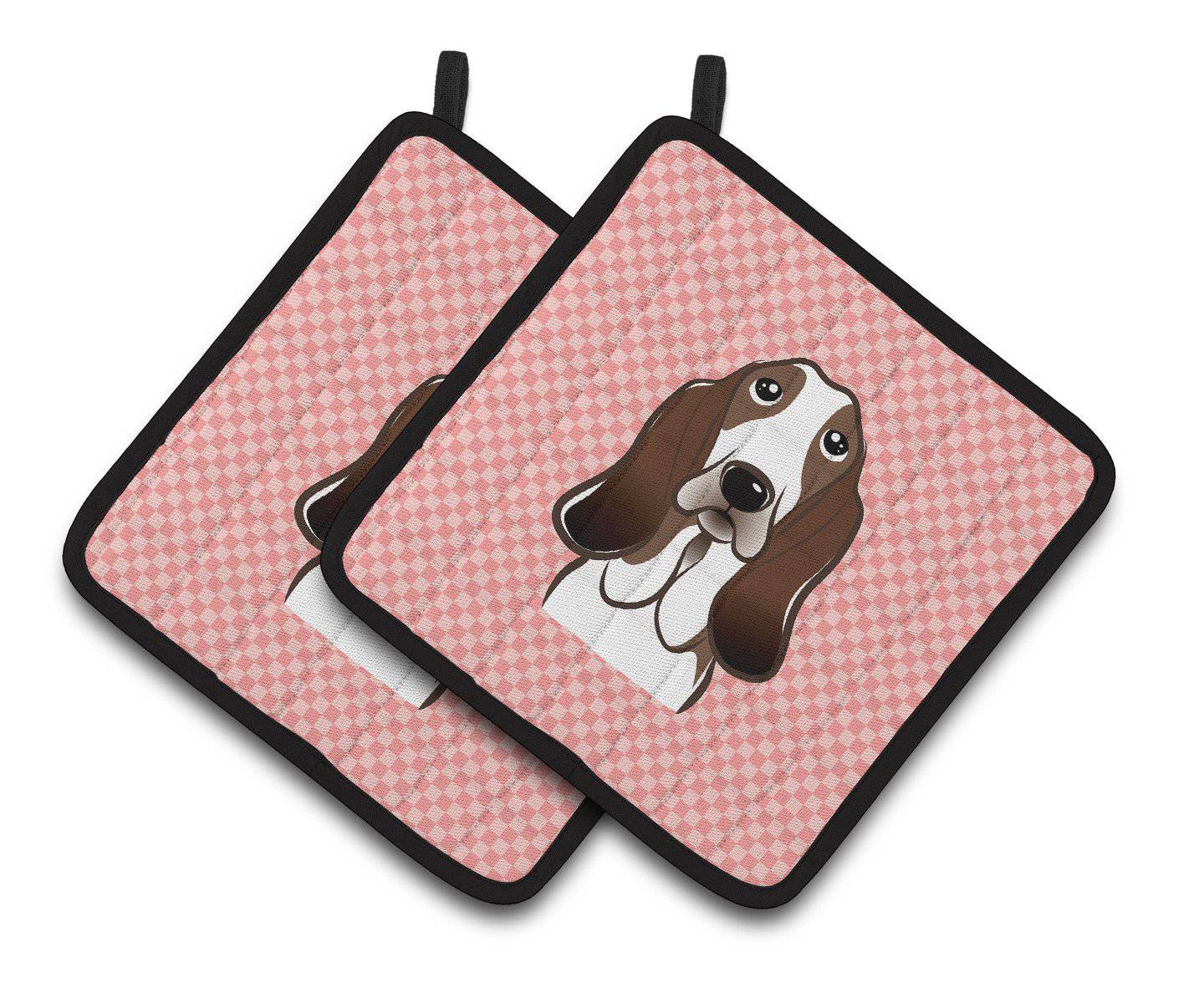 Checkerboard Pink Basset Hound Pair of Pot Holders BB1243PTHD - the-store.com