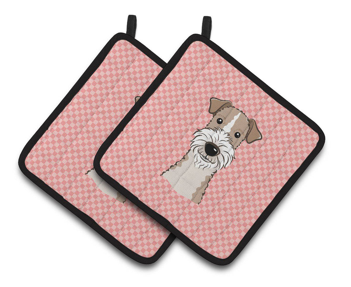 Checkerboard Pink Wire Haired Fox Terrier Pair of Pot Holders BB1247PTHD - the-store.com