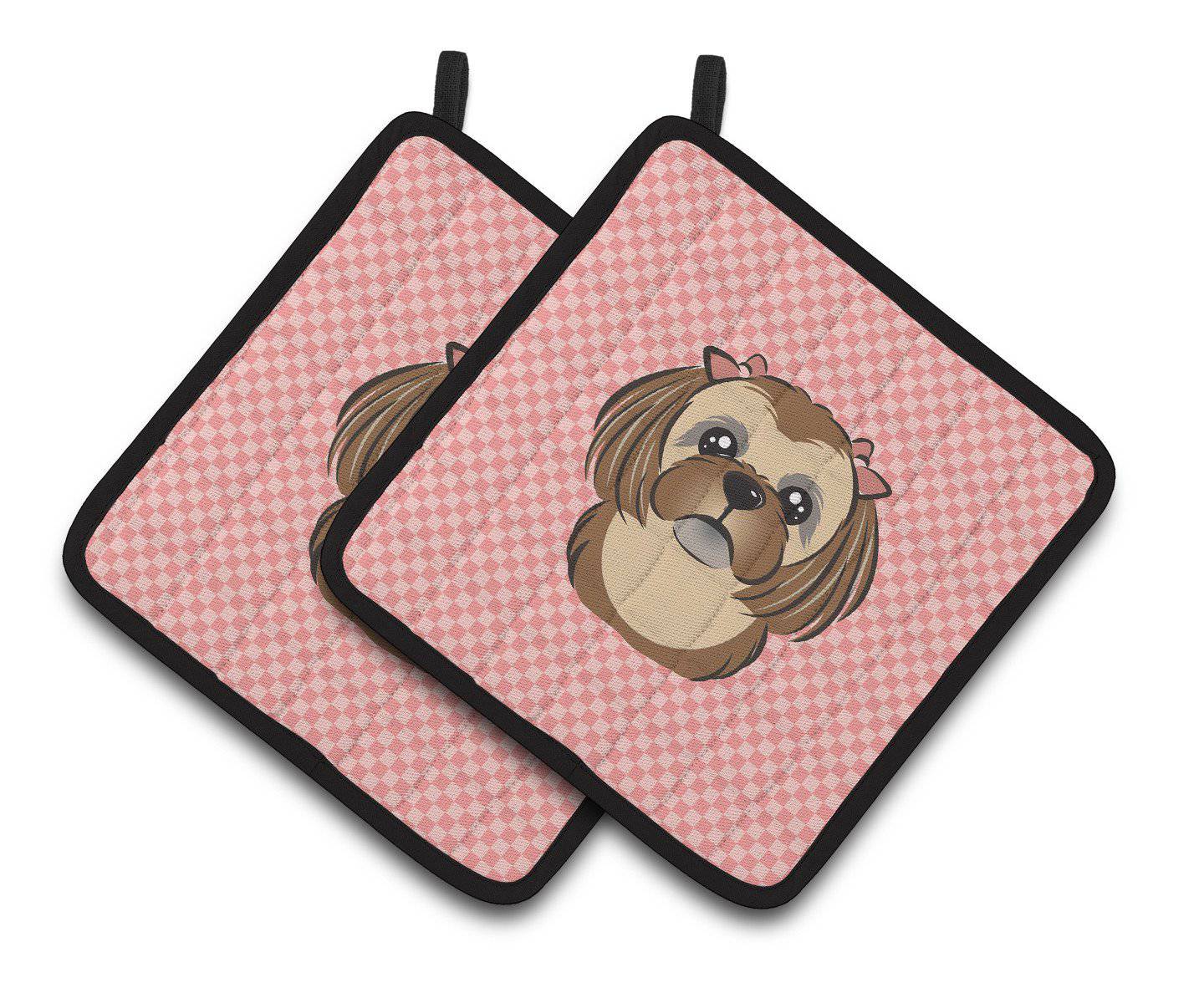 Checkerboard Pink Chocolate Brown Shih Tzu Pair of Pot Holders BB1249PTHD - the-store.com