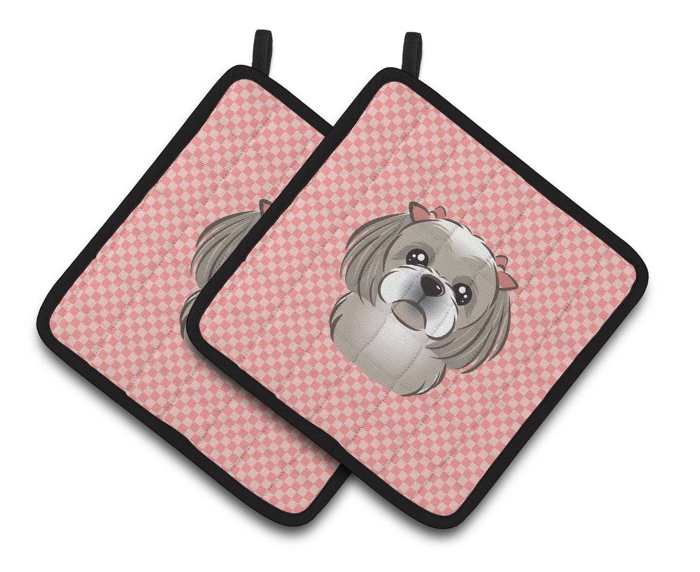 Checkerboard Pink Gray Silver Shih Tzu Pair of Pot Holders BB1250PTHD - the-store.com