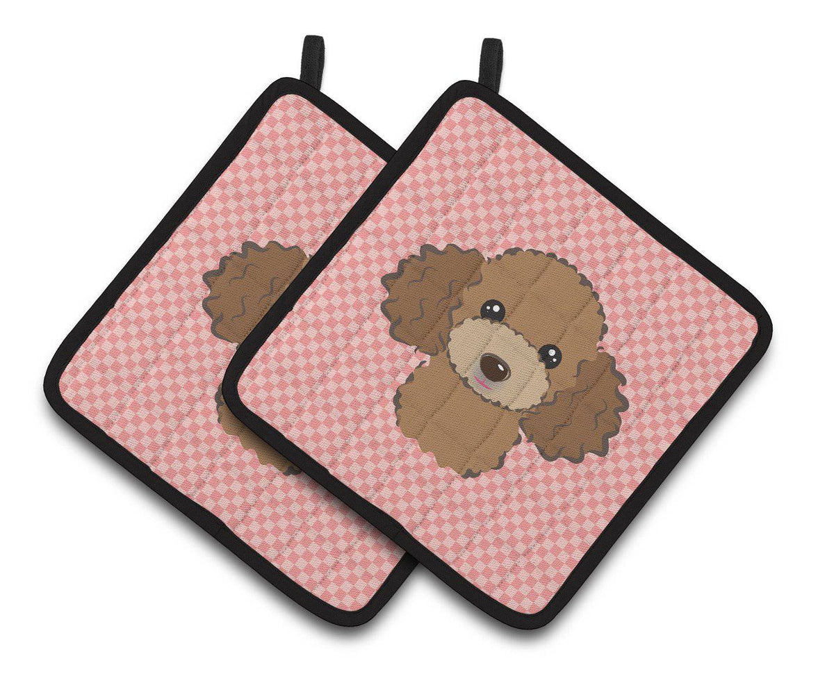 Checkerboard Pink Chocolate Brown Poodle Pair of Pot Holders BB1256PTHD - the-store.com