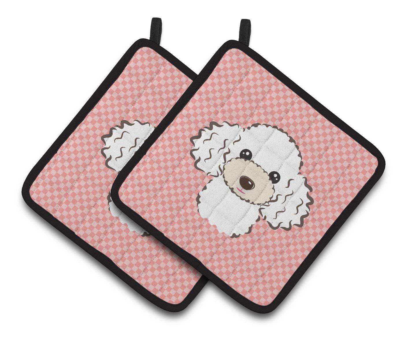 Checkerboard Pink White Poodle Pair of Pot Holders BB1257PTHD - the-store.com