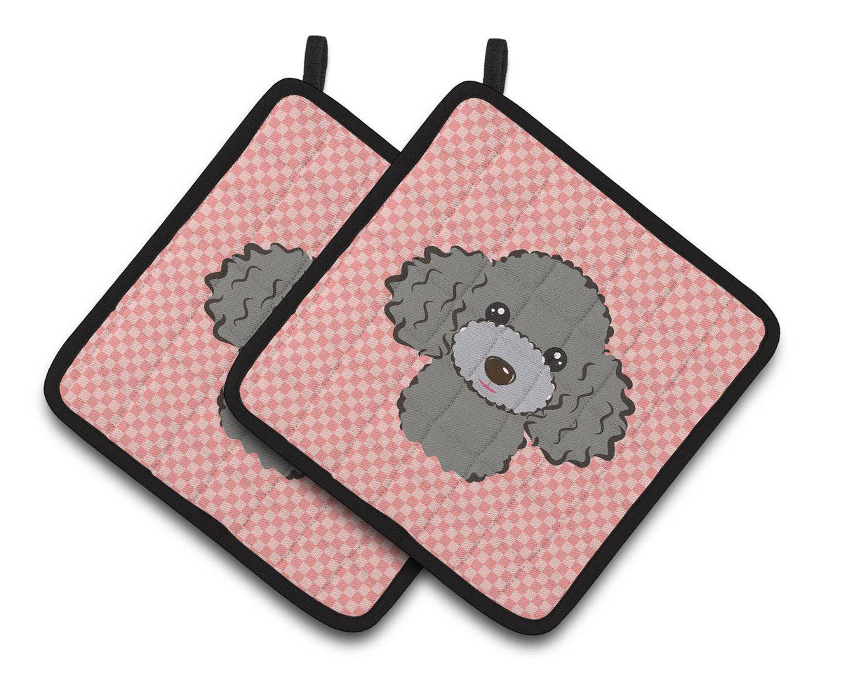 Checkerboard Pink Silver Gray Poodle Pair of Pot Holders BB1259PTHD - the-store.com