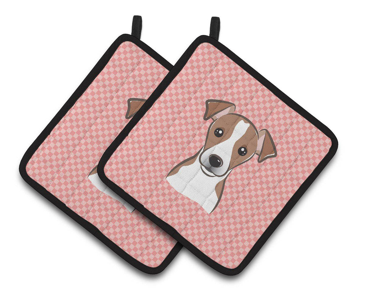 Checkerboard Pink Jack Russell Terrier Pair of Pot Holders BB1260PTHD - the-store.com